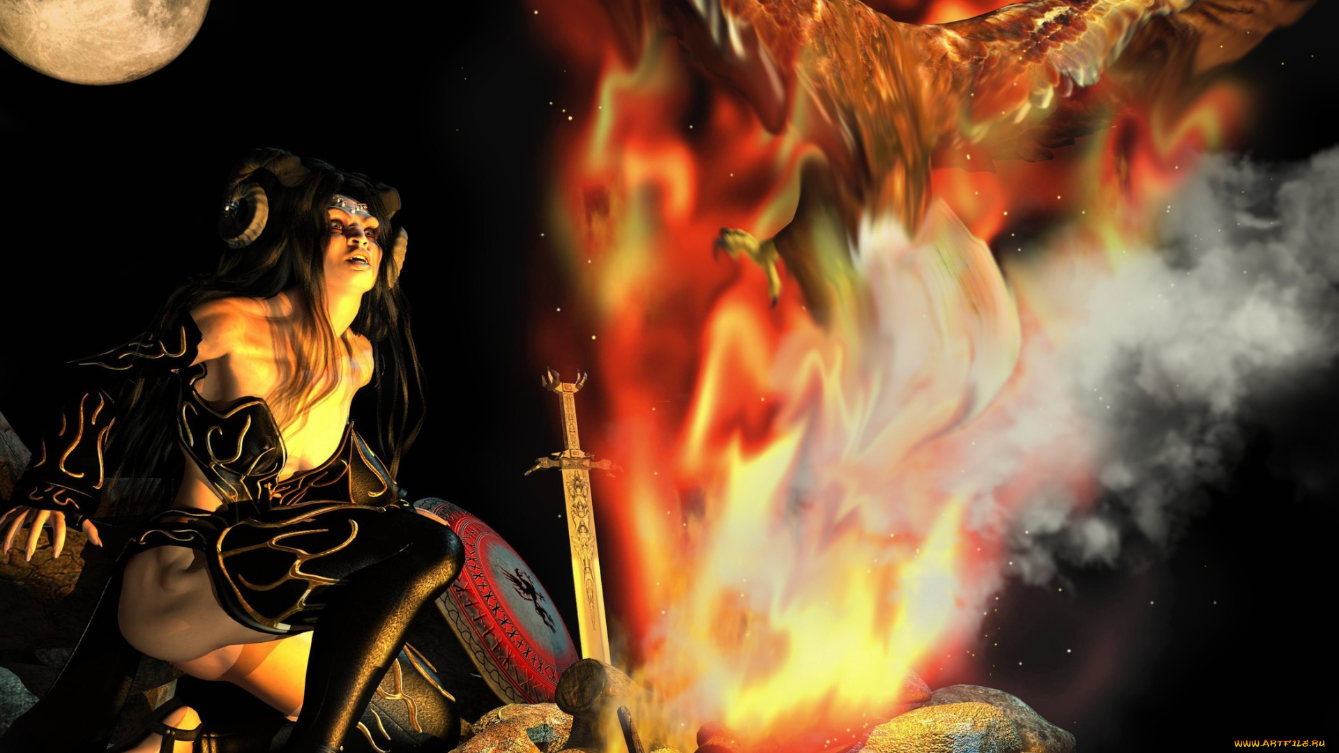 3д, графика, fantasy, фантазия, меч, феникс, птица, огонь