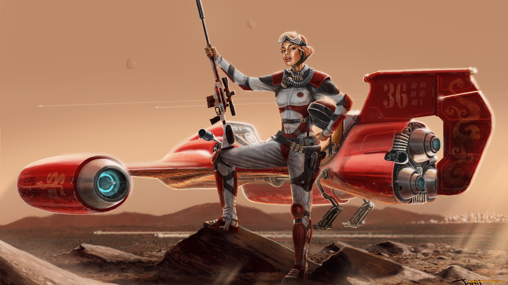 фэнтези, девушки, летательный, аппарат, флаер, пустыня, винтовка