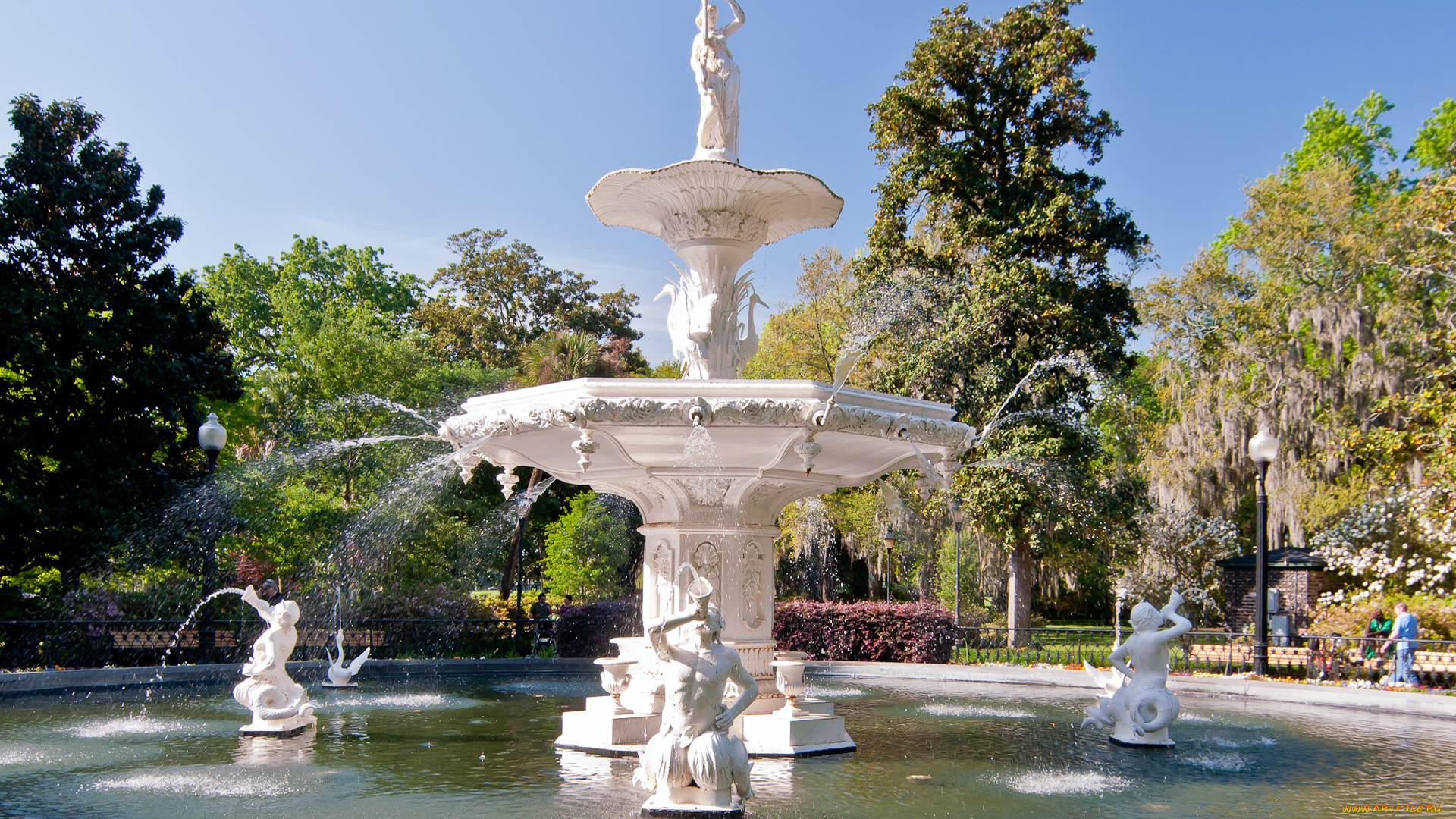 города, фонтаны, фонтан, usa, сша, savannah, небо