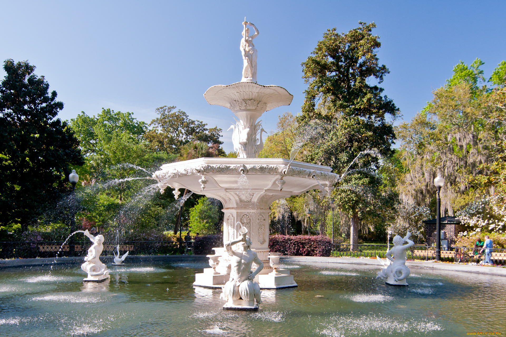 города, фонтаны, фонтан, usa, сша, savannah, небо