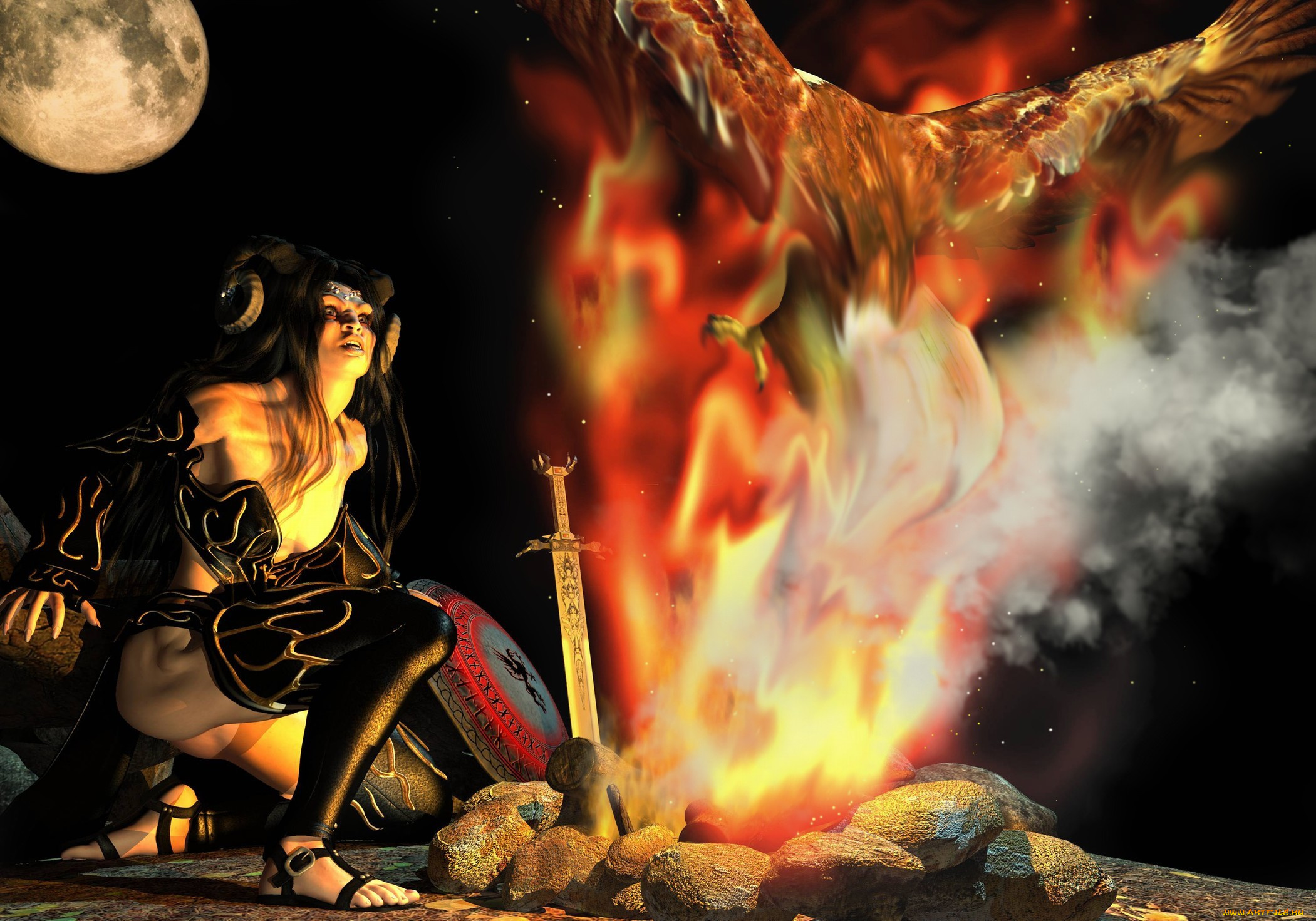 3д, графика, fantasy, фантазия, меч, феникс, птица, огонь