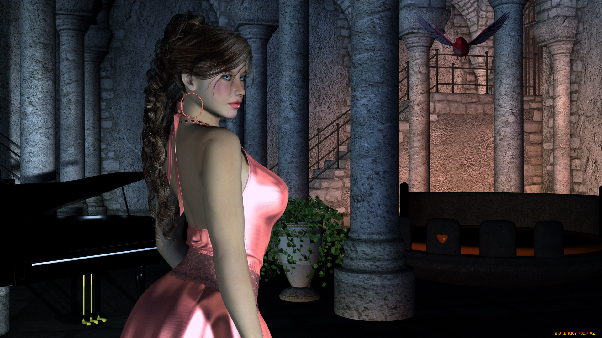 3д, графика, people, люди, девушка, колоны