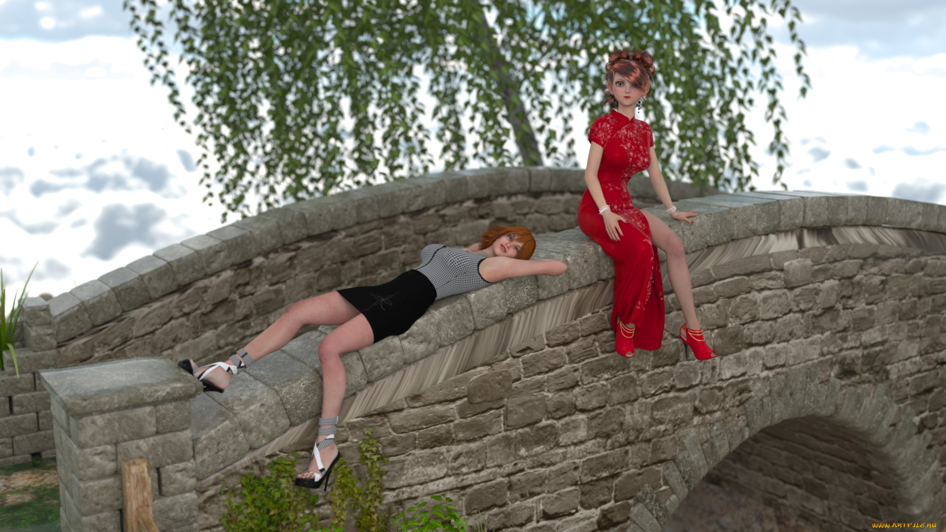 3д, графика, people, люди, девушки, мост, дерево, отдых