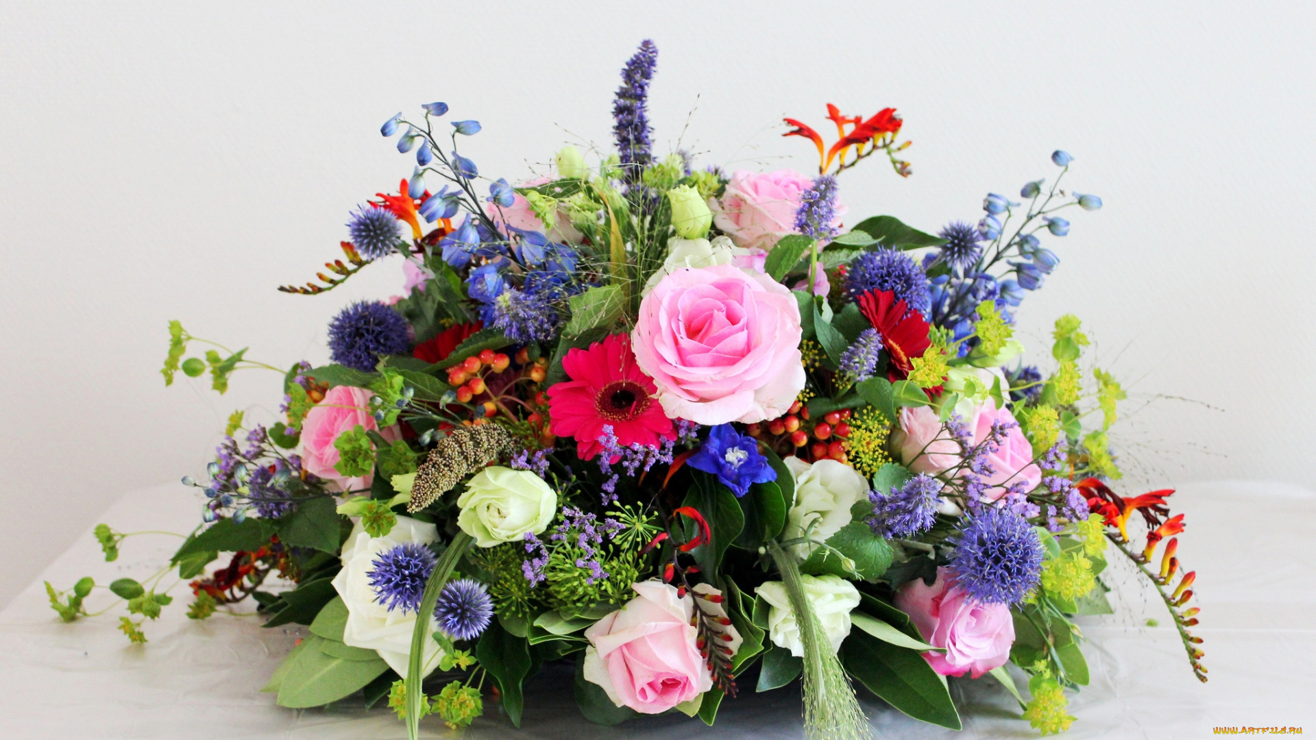 цветы, букеты, композиции, розы, герберы, дельфиниум, эустома