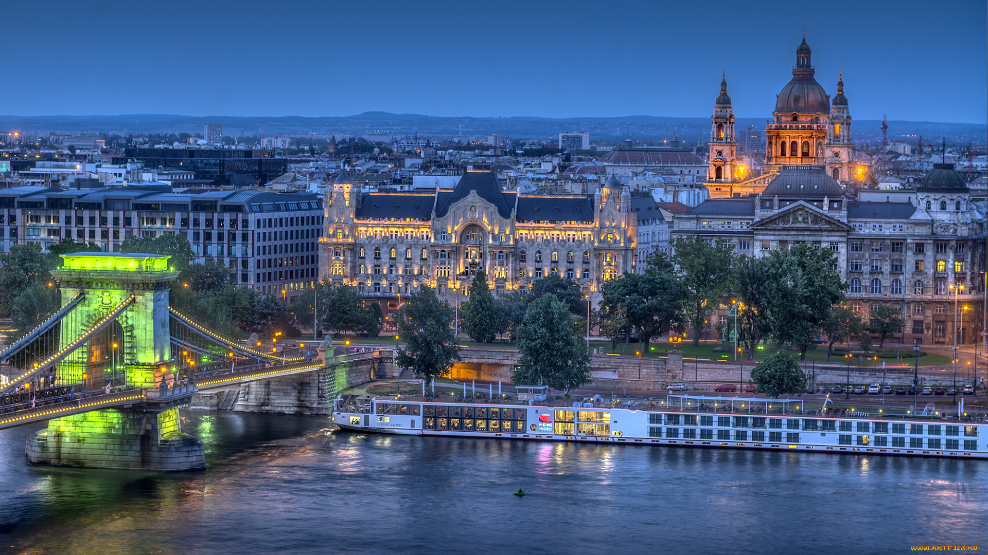 города, будапешт, венгрия, здания, река, мост, ночь