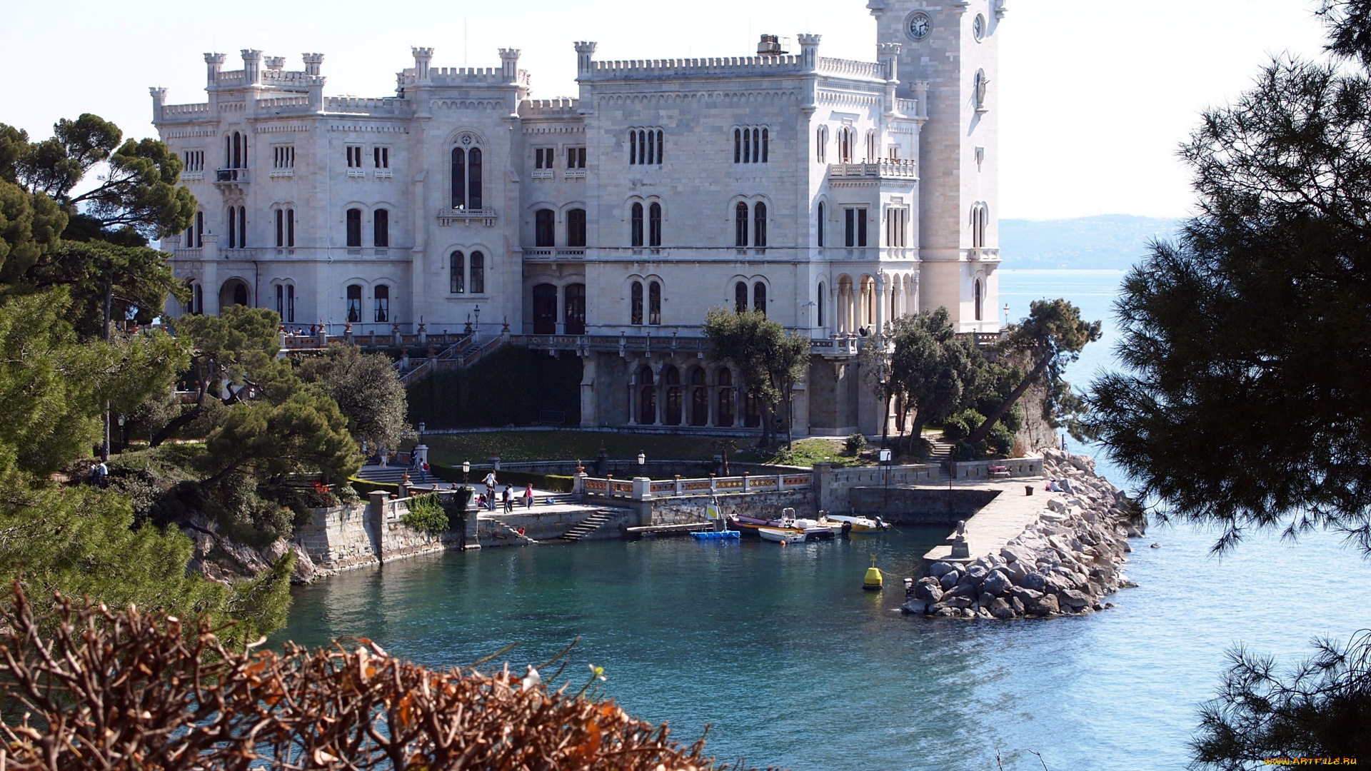 города, дворцы, замки, крепости, лодки, замок, озеро, miramare, castle, italy