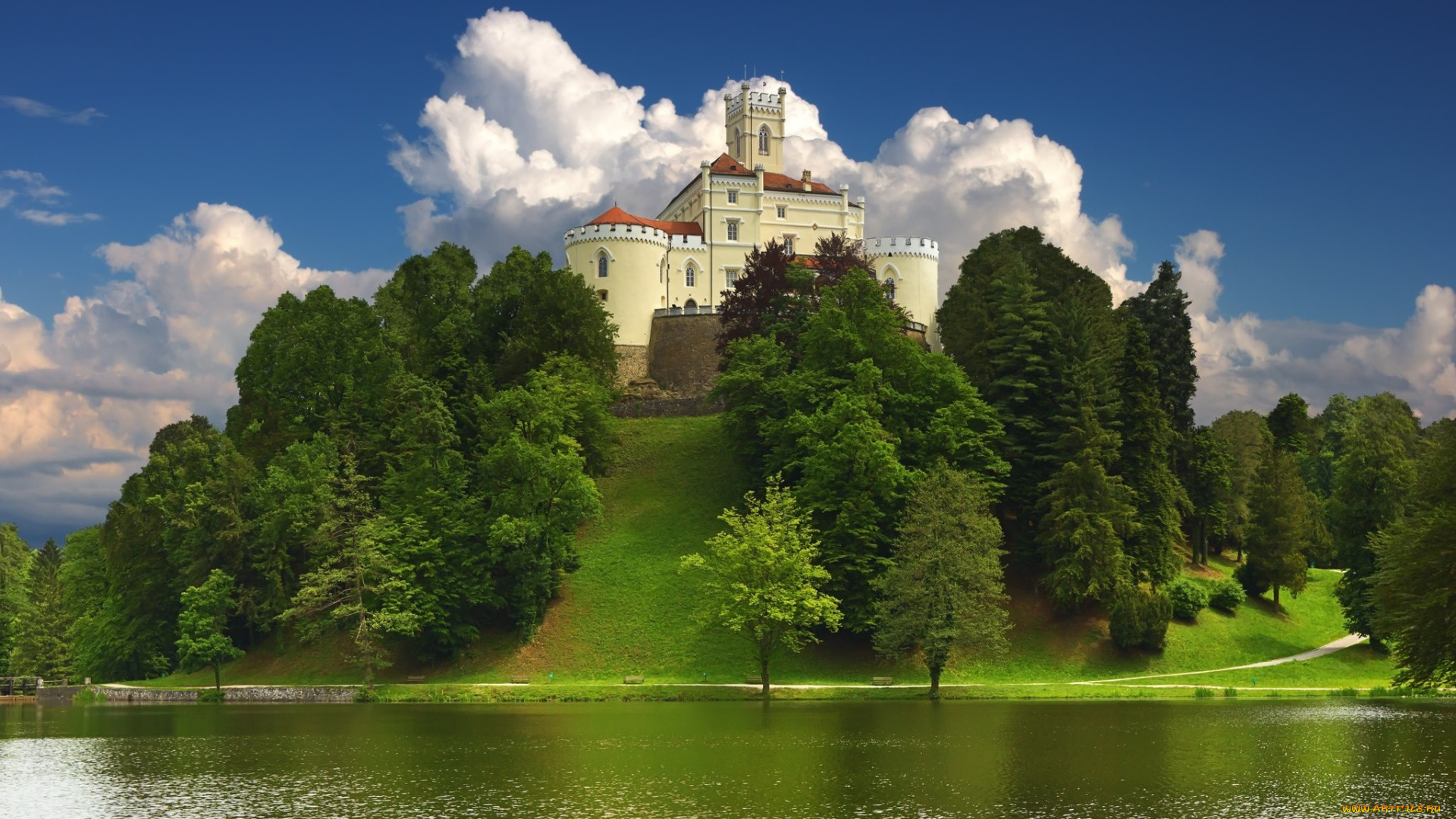 города, дворцы, замки, крепости, замок, деревья, река, холм, trakoscan, castle, croatia