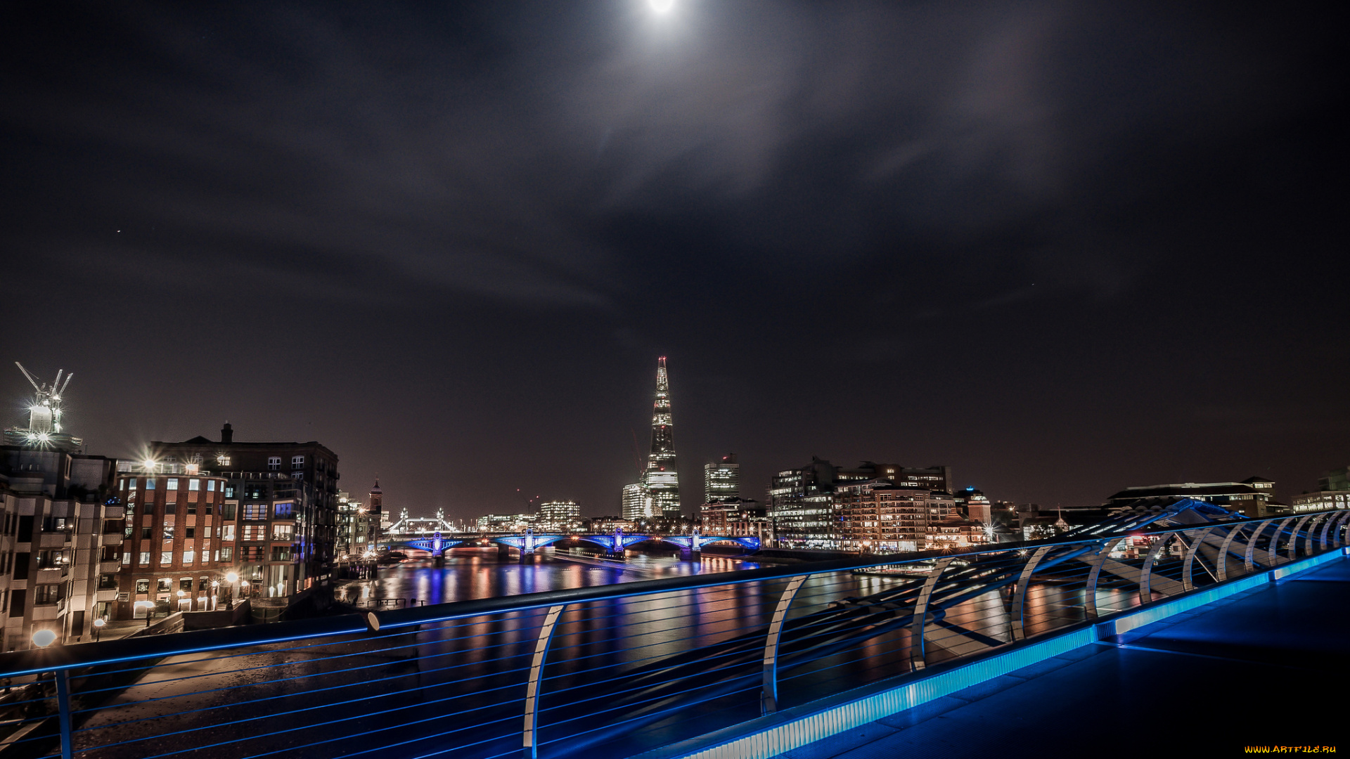 города, лондон, великобритания, ночь, луна, река