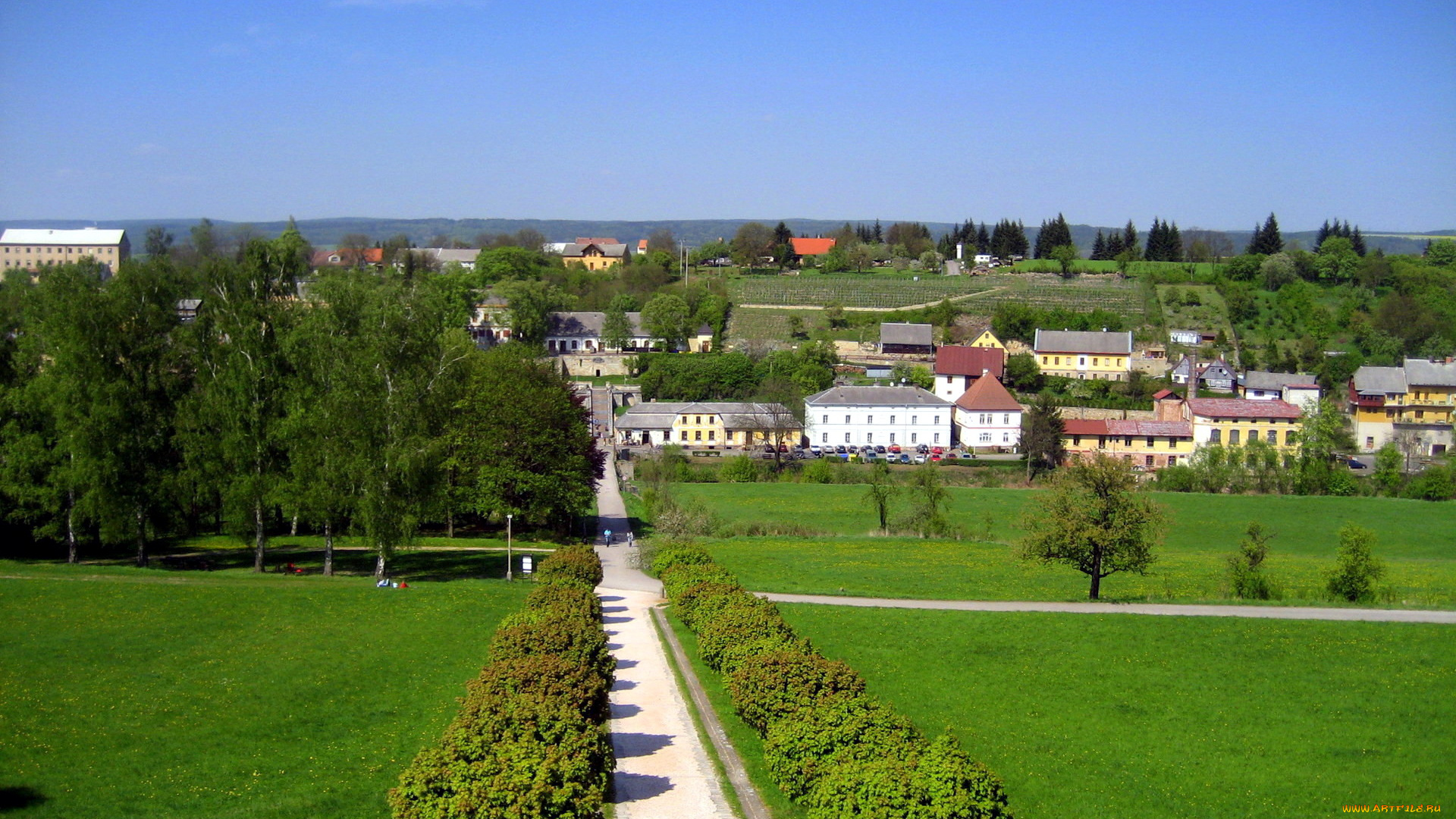 города, панорамы, городок, аллея, панорама