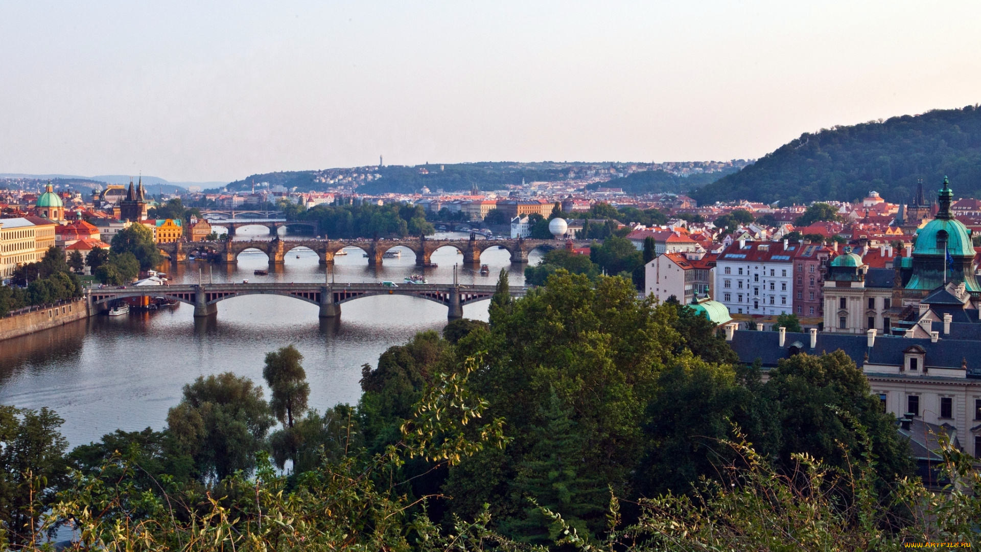 города, прага, Чехия, мосты, река, панорама