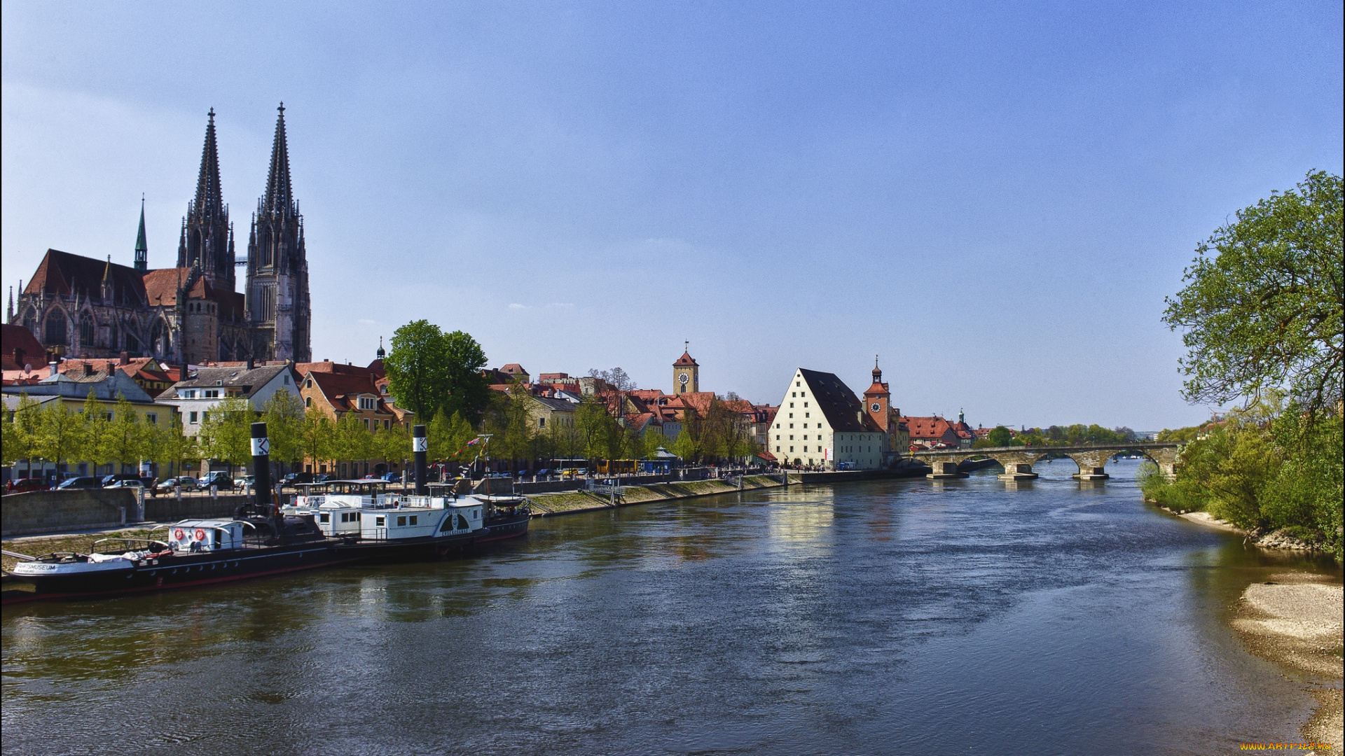 города, регенсбург, германия, река, собор, дома