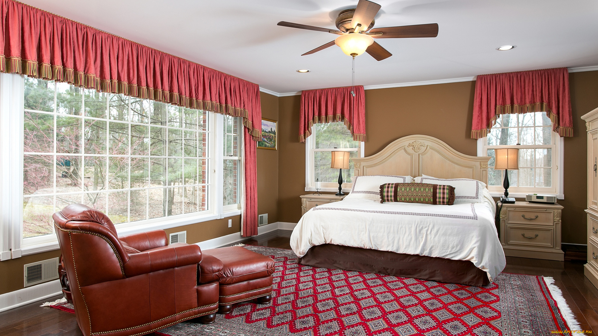 интерьер, спальня, кровать, кресло, вентилятор