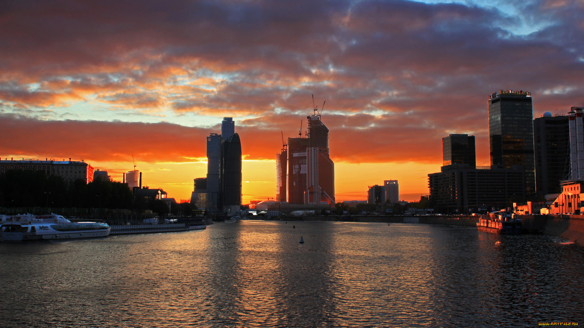 краснопресненская, набережная, города, москва, россия, закат, дома