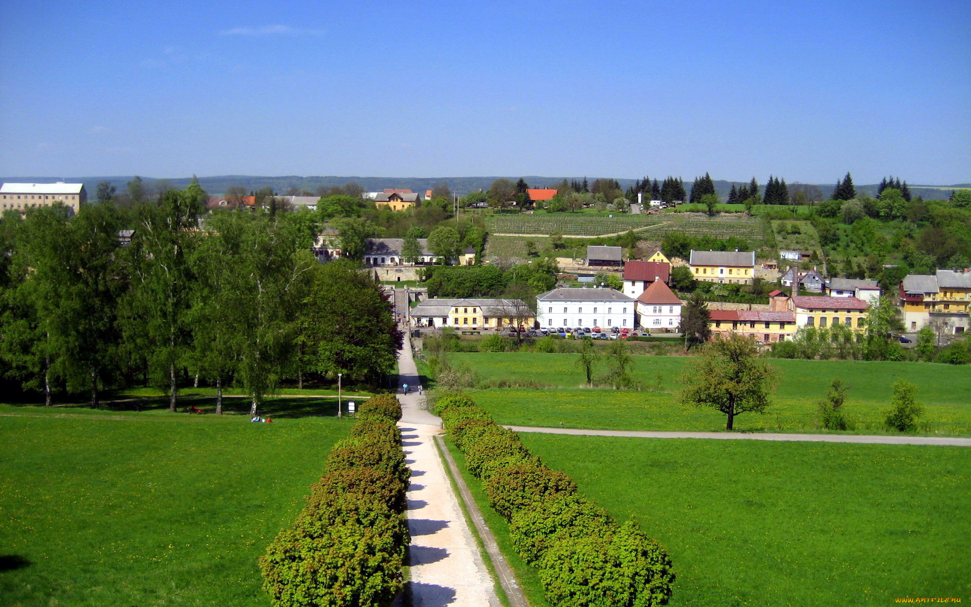 города, панорамы, городок, аллея, панорама