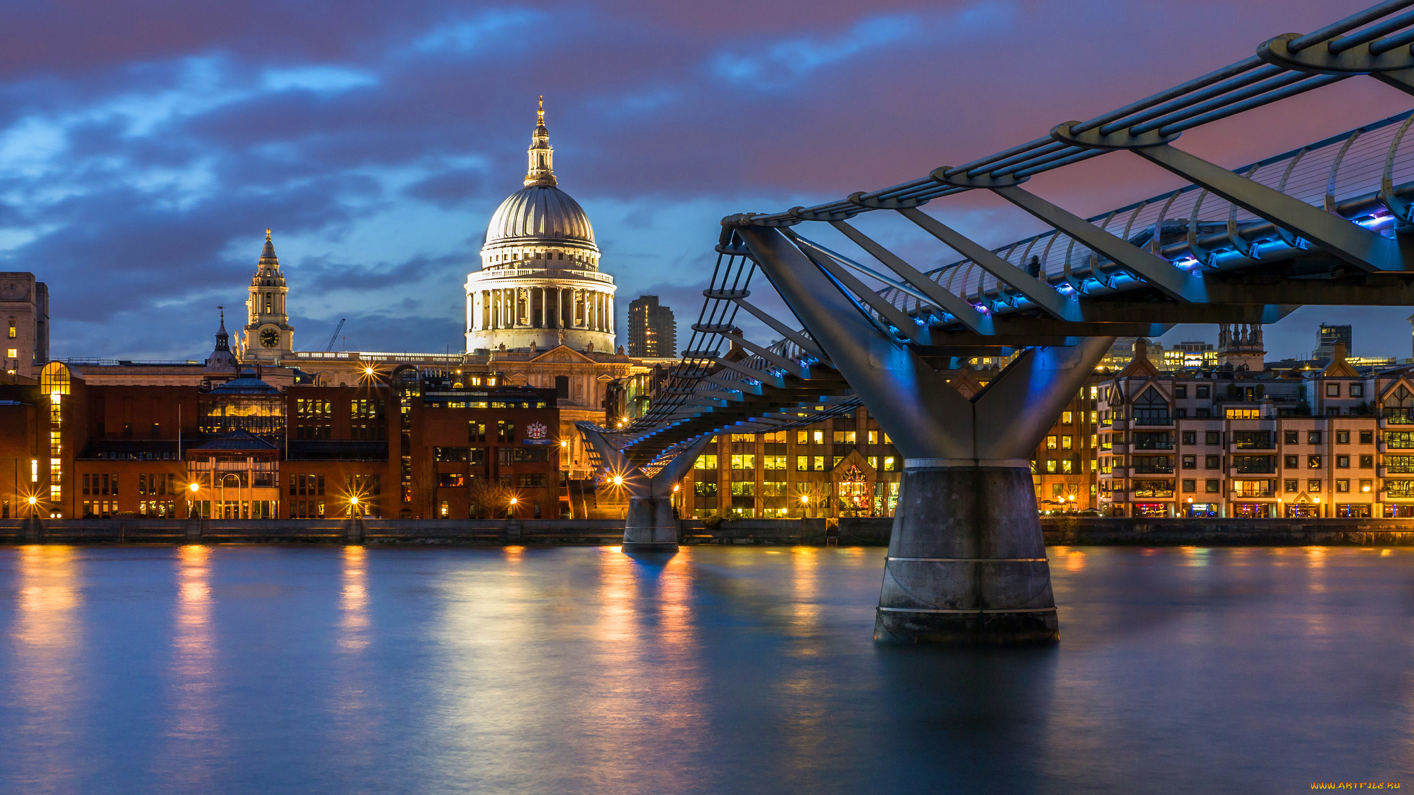города, лондон, великобритания, собор, святого, павла, london, millennium, bridge, миллениум, st, paul's, cathedral, england, англия, great, britain, город, вечер, подсветка, освещение, дома, здания, река, thames, темза, огни, вода, отражение, небо, тучи