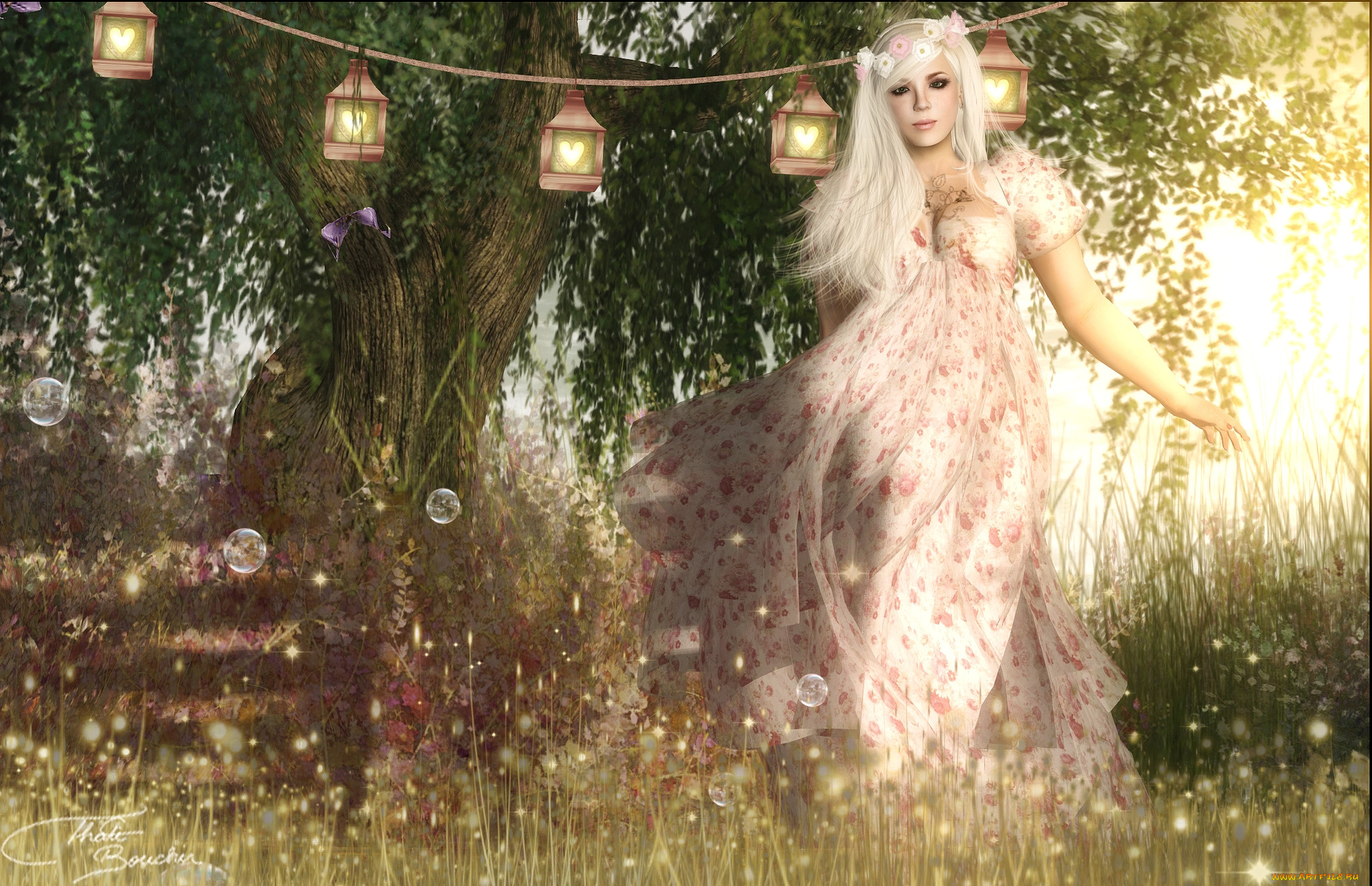 3д, графика, people, люди, платье, венок, фонарики, девушка