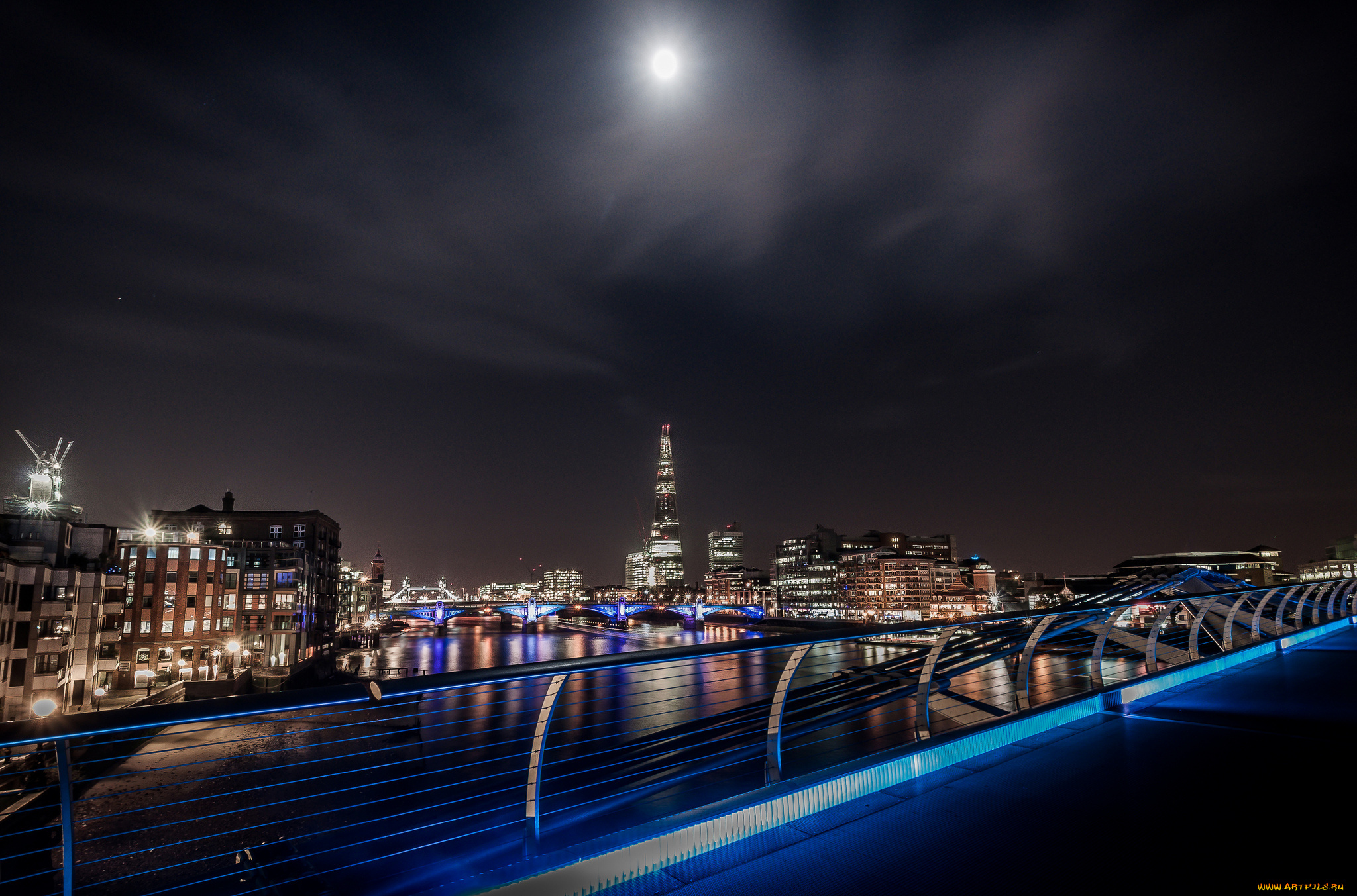 города, лондон, великобритания, ночь, луна, река