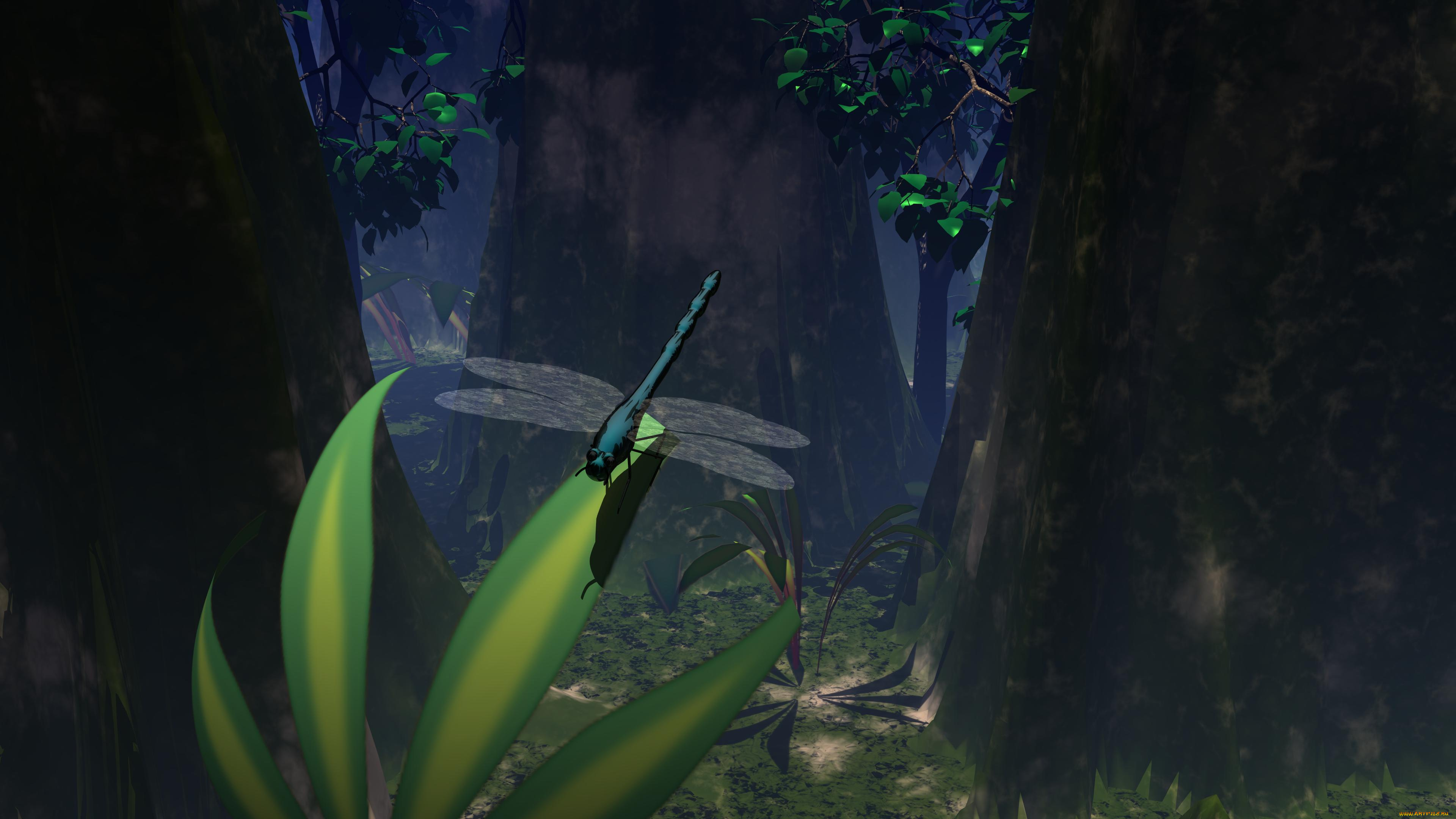 3д, графика, animals, животные, лес, стрекоза