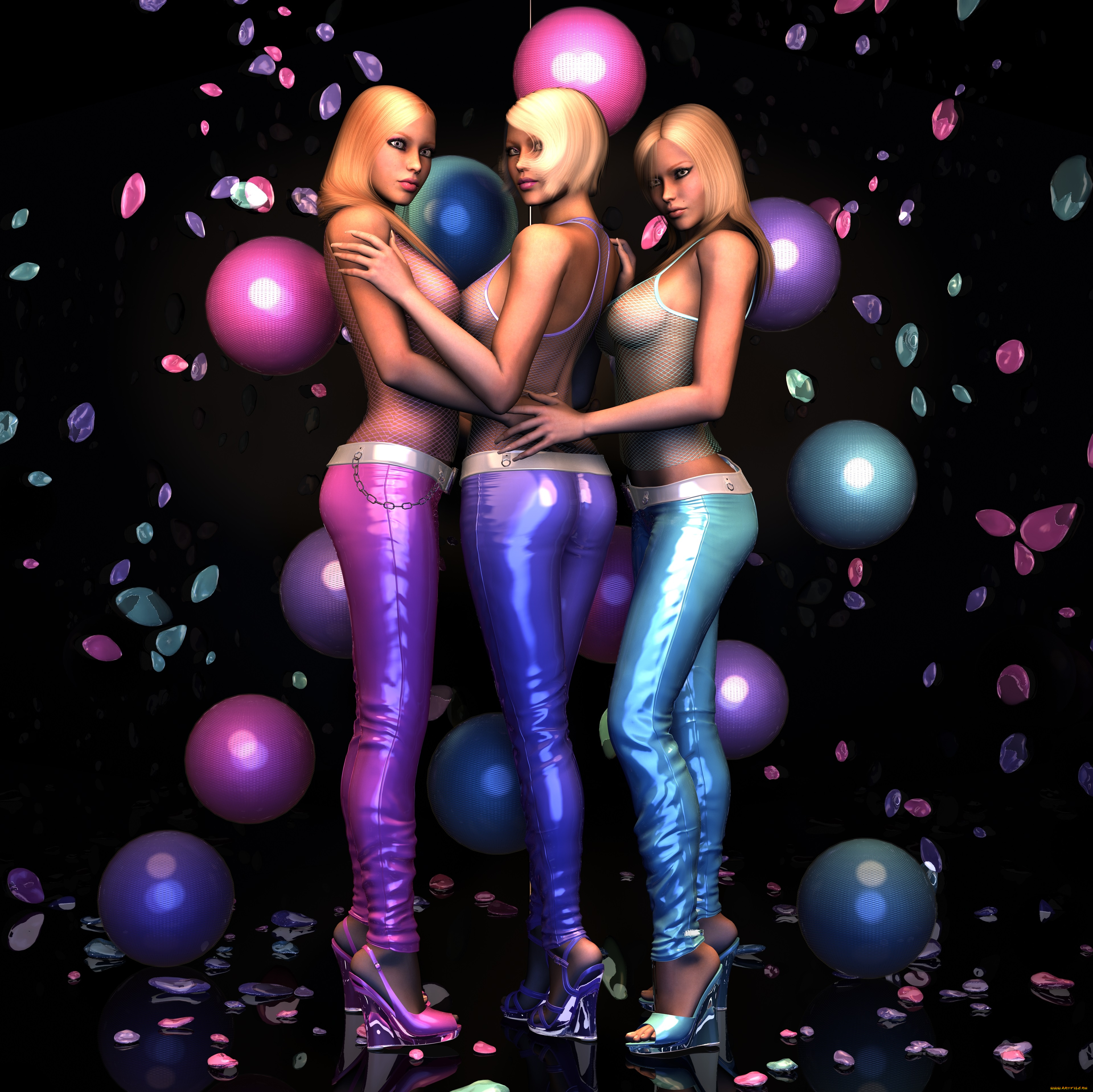 3д, графика, people, люди, лепестки, шары, девушки