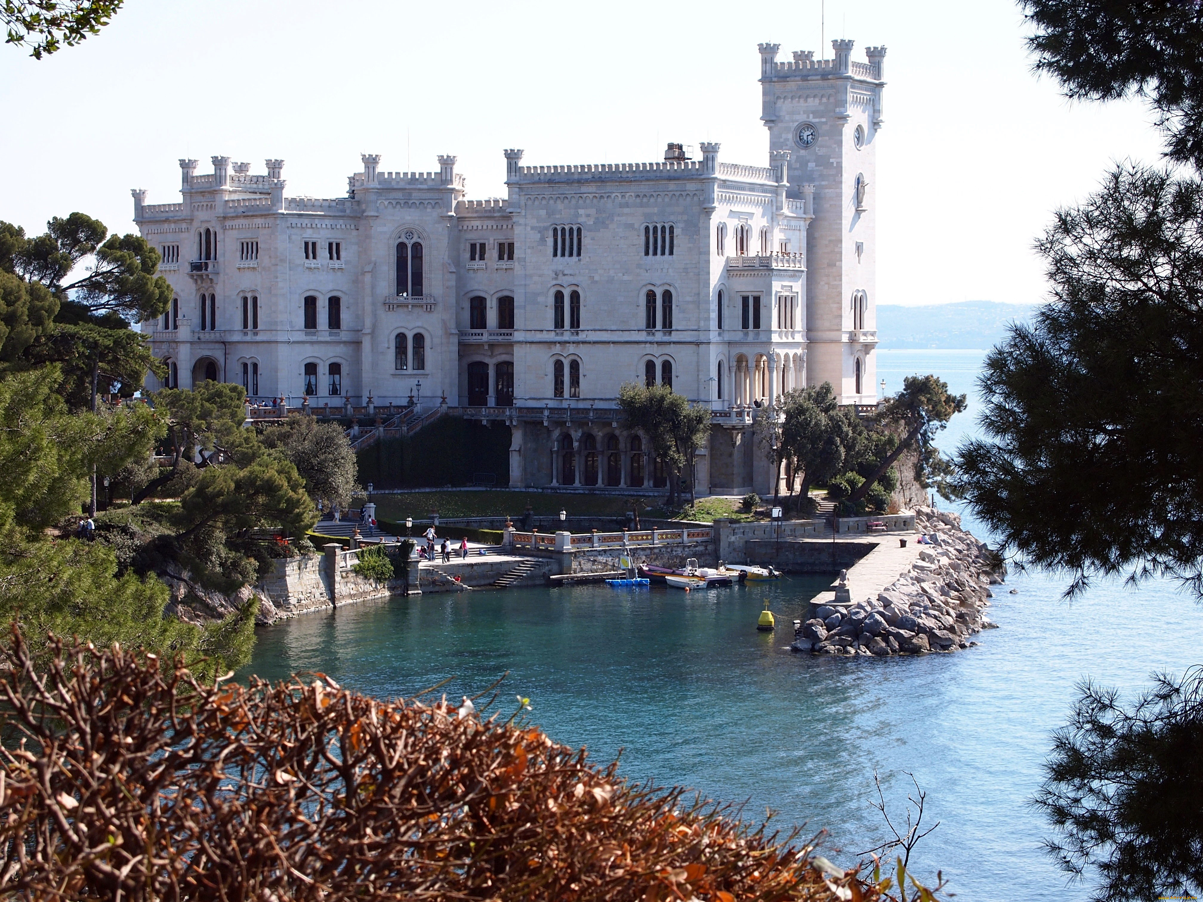 города, дворцы, замки, крепости, лодки, замок, озеро, miramare, castle, italy