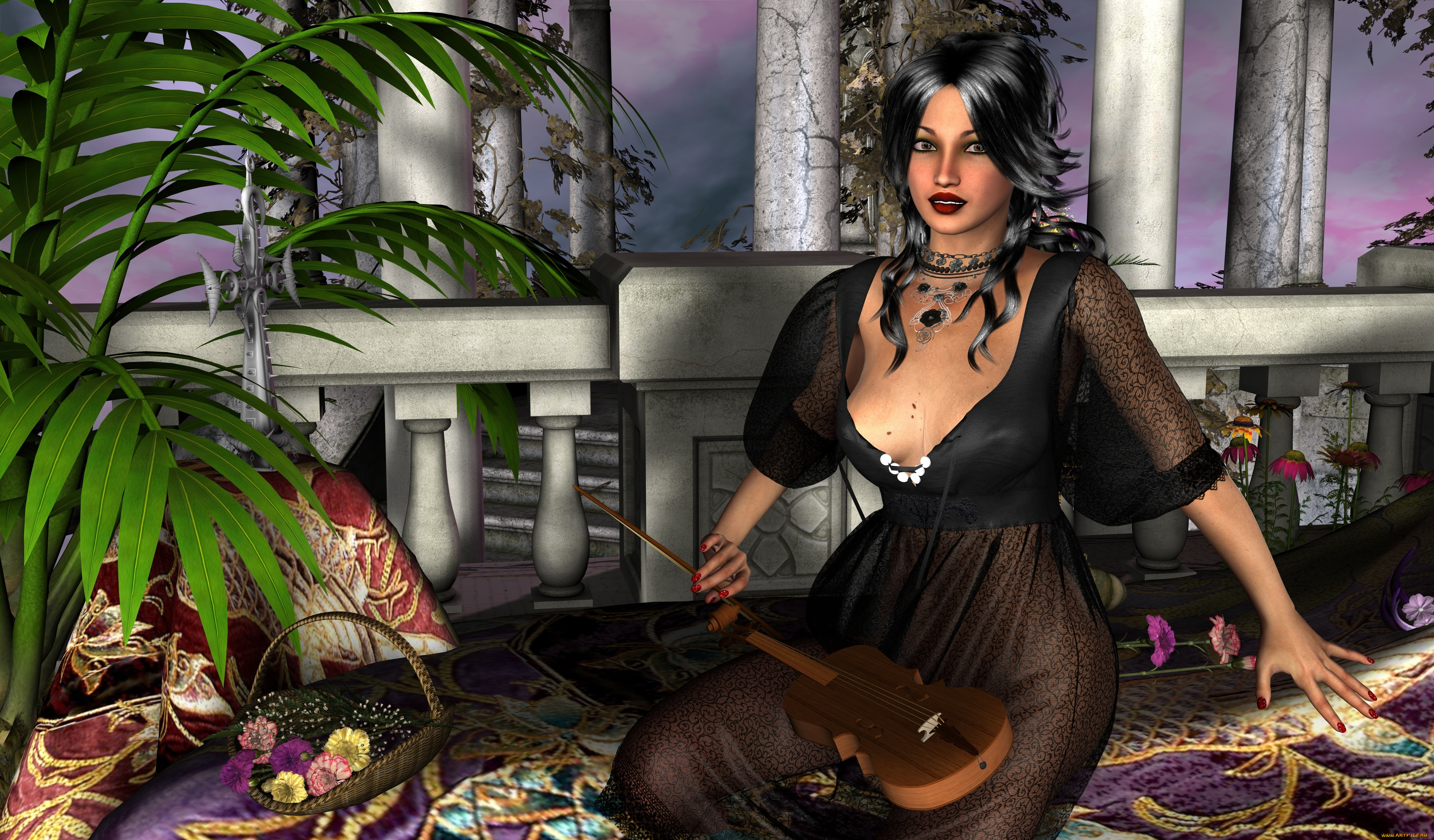 3д, графика, people, люди, цветы, девушка, скрипка