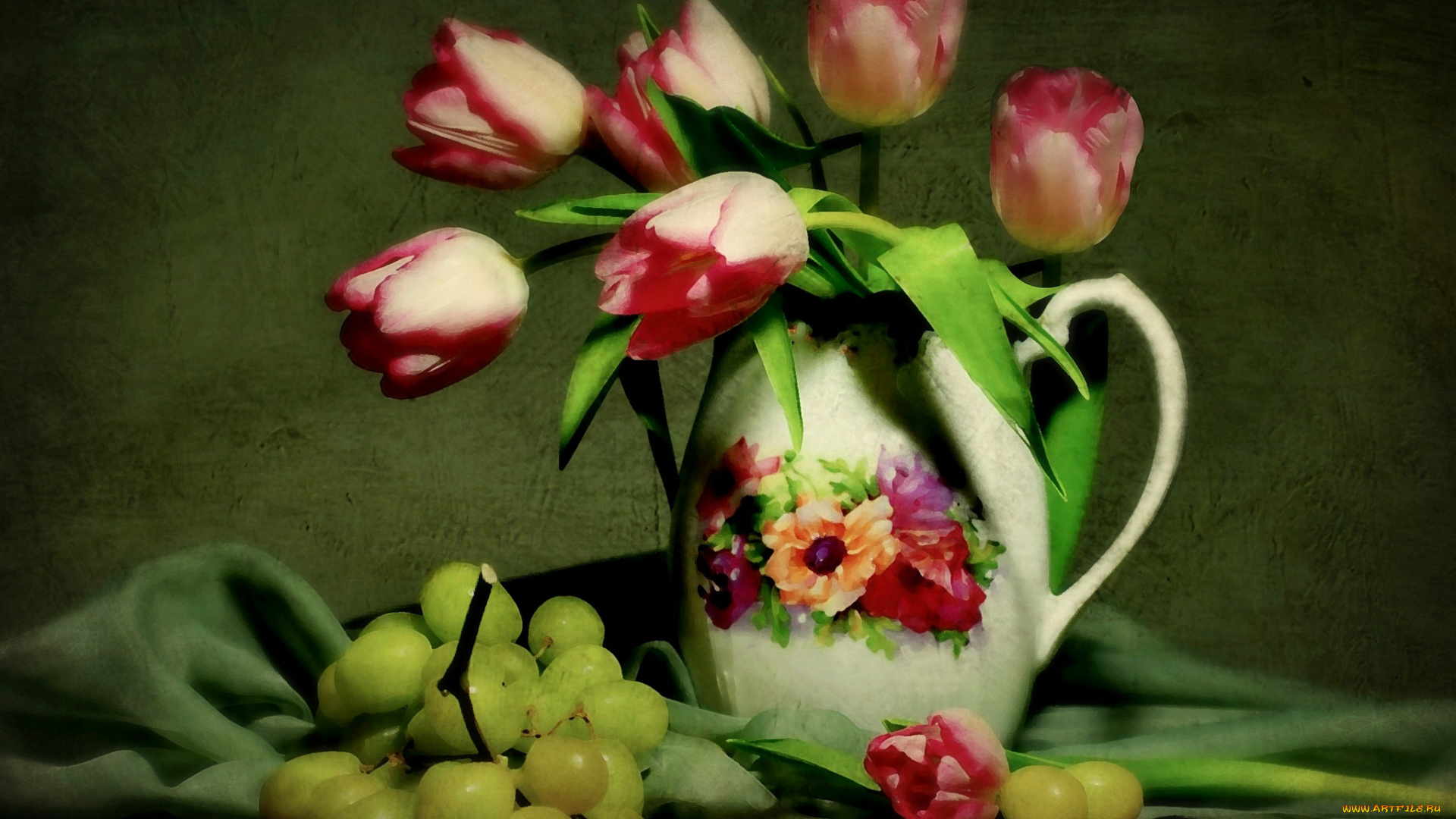 разное, компьютерный, дизайн, цветы, тюльпаны, натюрморт, кувшин, виноград