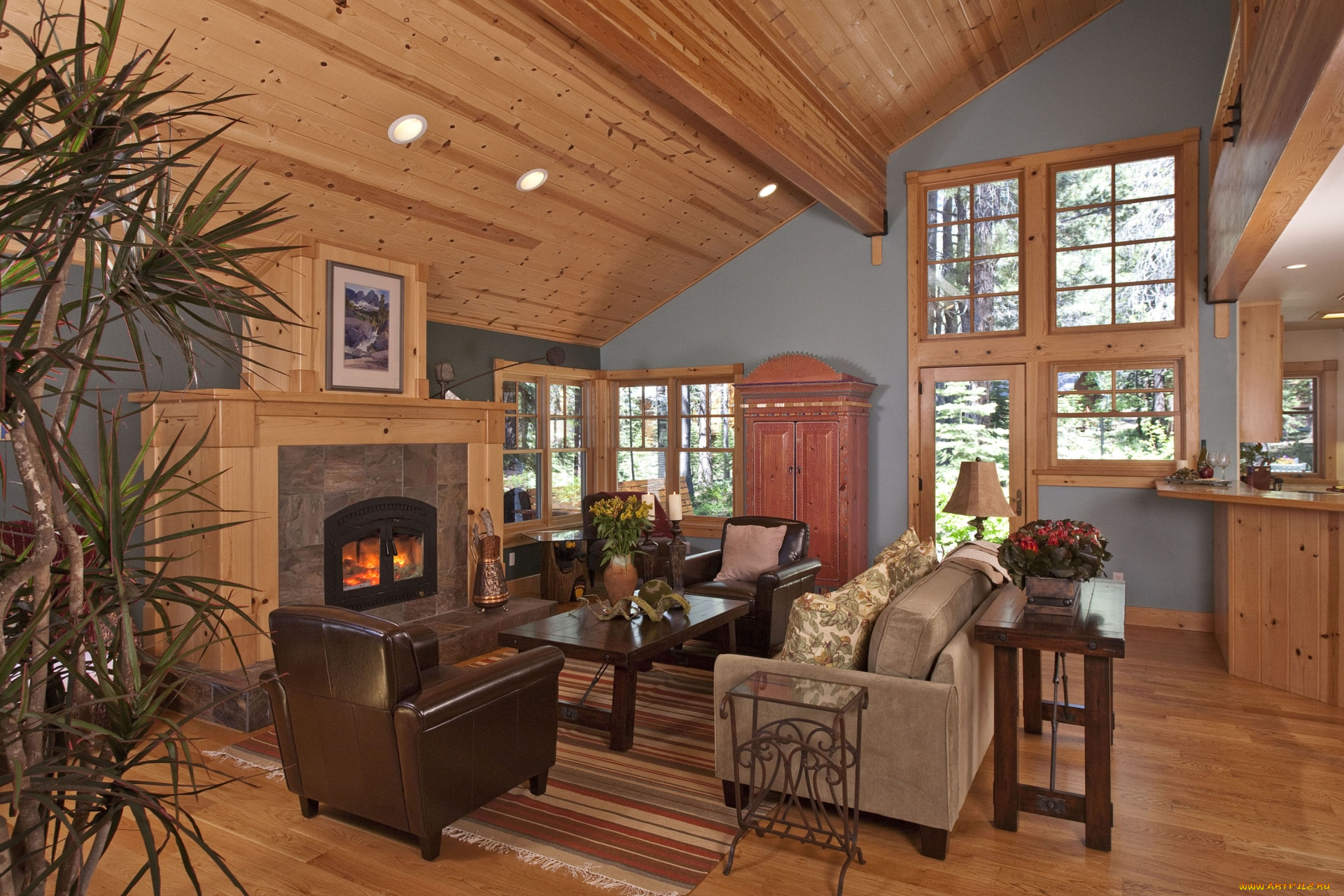 интерьер, гостиная, камин, диван