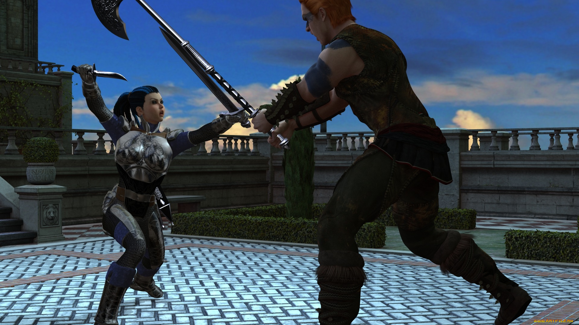 3д, графика, фантазия, , fantasy, девушка, взгляд, фон, оружие, мужчина, драка