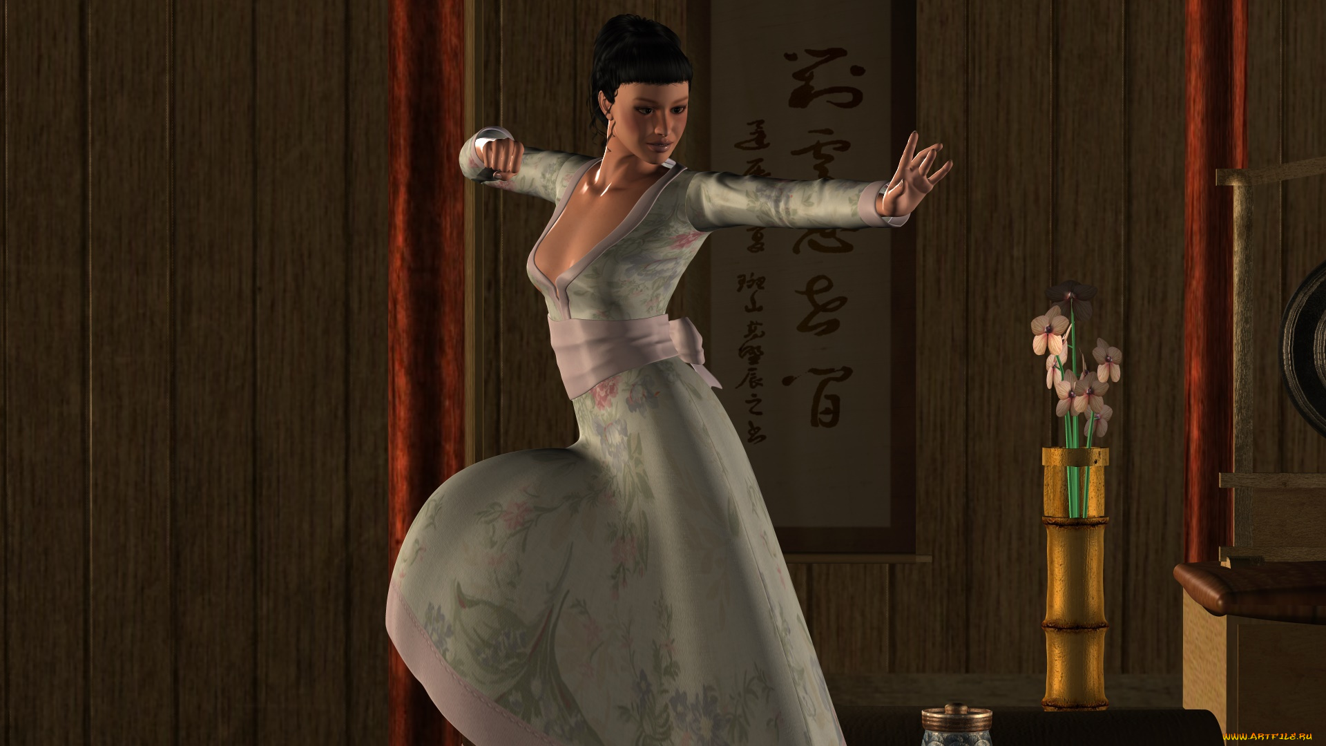 3д, графика, люди, , people, цветы, поза, фон, взгляд, девушка