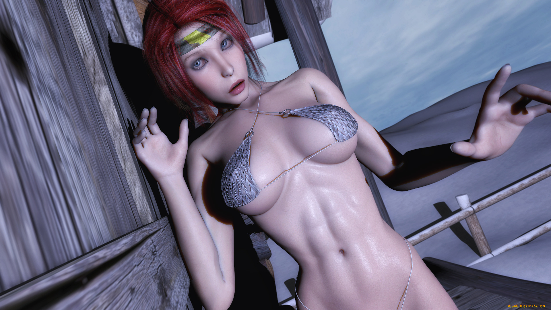 3д, графика, люди, , people, фон, девушка, зима, рыжая, снег, взгляд, бикини