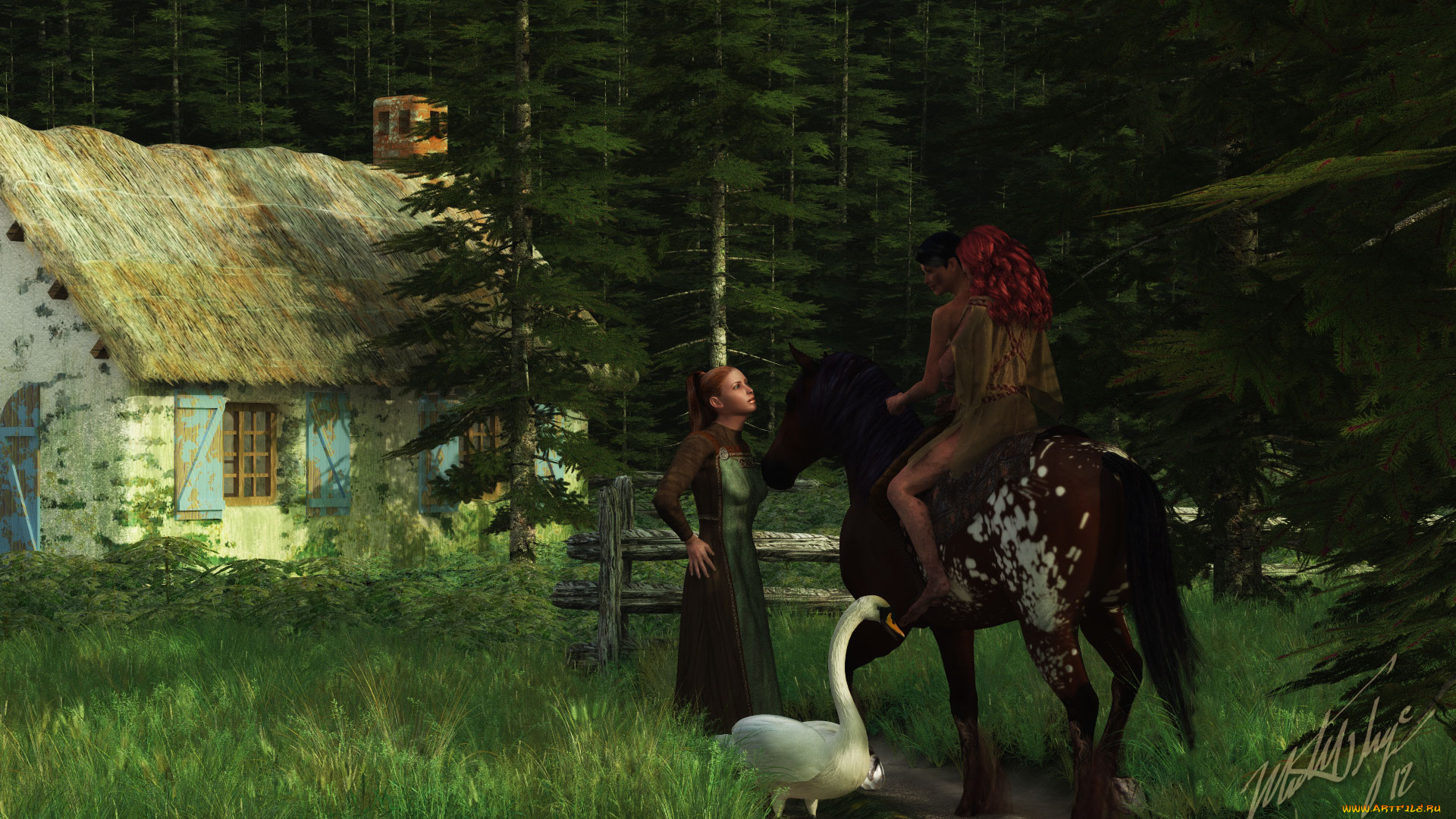 3д, графика, люди, , people, лошадь, фон, взгляд, девушки, парень, гусь