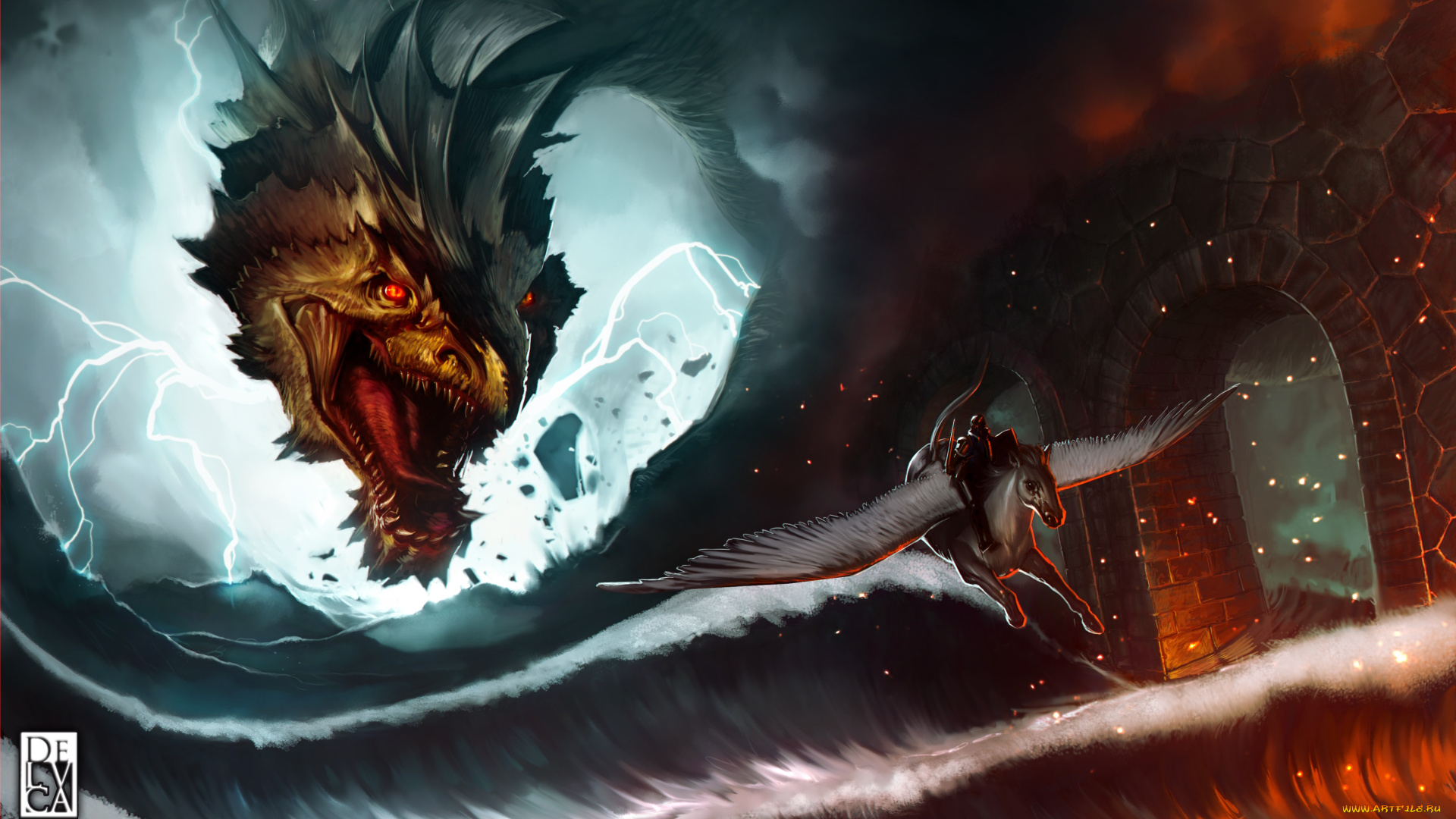 фэнтези, драконы, море, мост, всадник, волны, ярость, искры, молнии, дракон, antonio, de, luca, арт, арки, дым, пегас