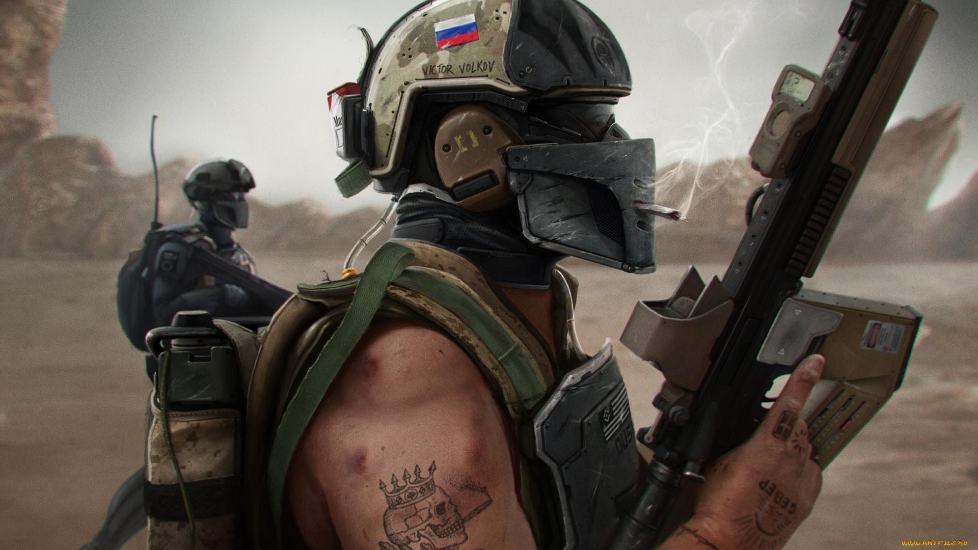 фэнтези, люди, шлем, автомат, русский, арт, солдат, война, сигарета, курит