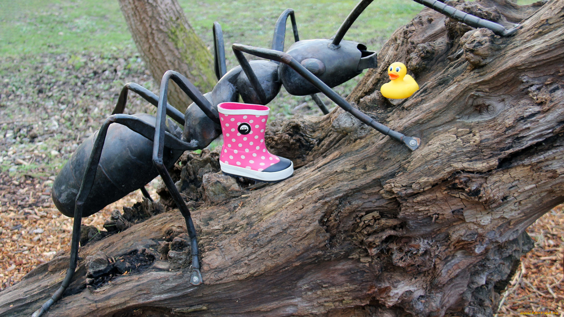 разное, садовые, и, парковые, скульптуры, резиновая, уточка, сапог, коряга, муравей, железный, парк