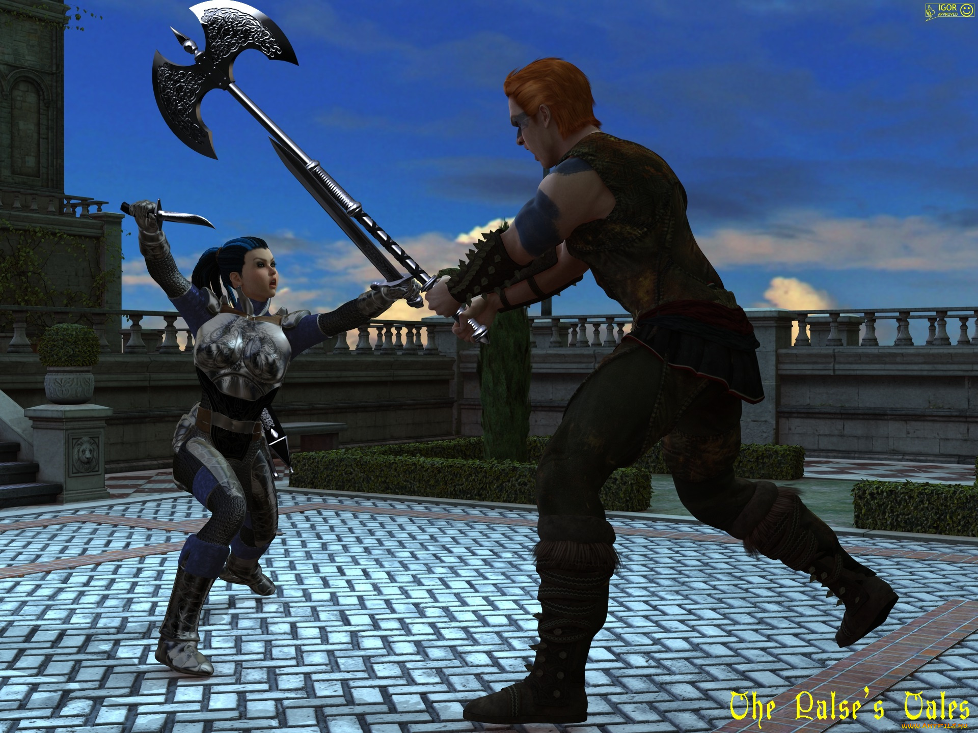 3д, графика, фантазия, , fantasy, девушка, взгляд, фон, оружие, мужчина, драка