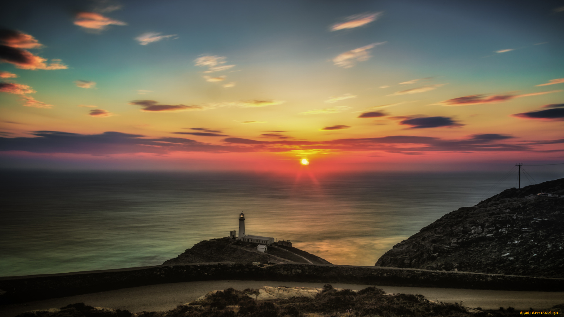природа, маяки, солнце, океан, пейзаж, северный, уэльс, маяк, дорога
