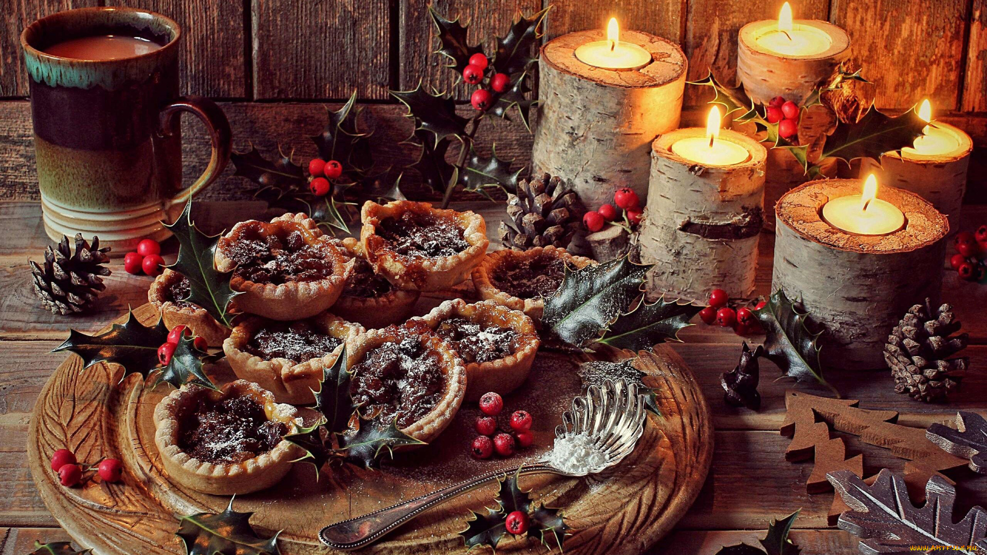 еда, пирожные, , кексы, , печенье, кексы, остролист, свечи, шишки