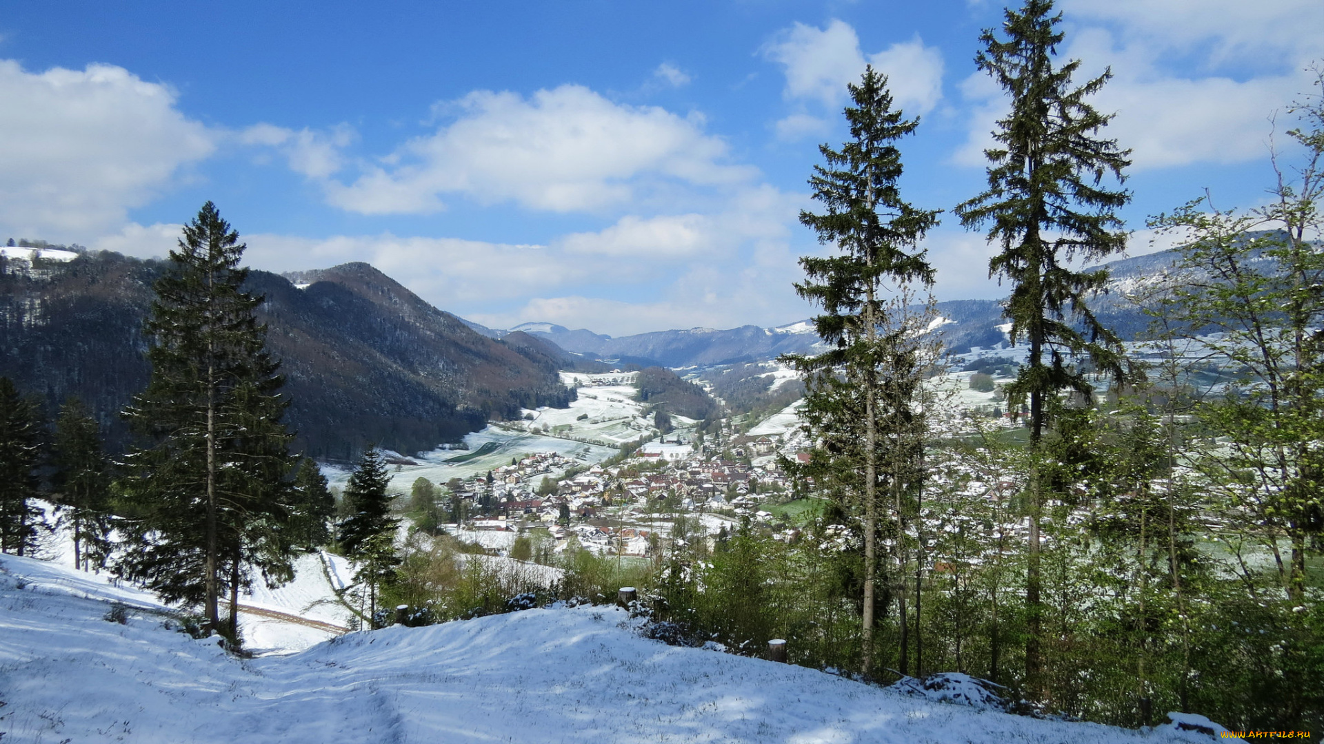 города, -, пейзажи, дома, лес, снег, горы