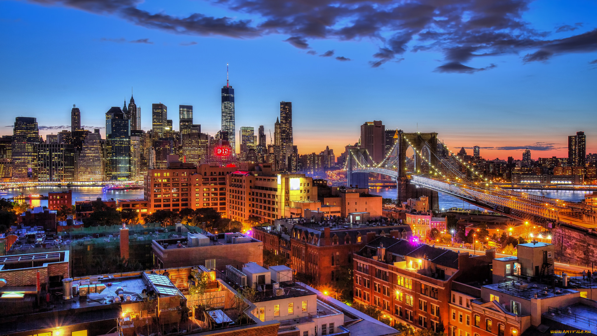 города, нью-йорк, , сша, соединенные, штаты, манхэттен, one, world, trade, center, сумерки, бруклинский, мост, нью-йорк, огни, облака, небо
