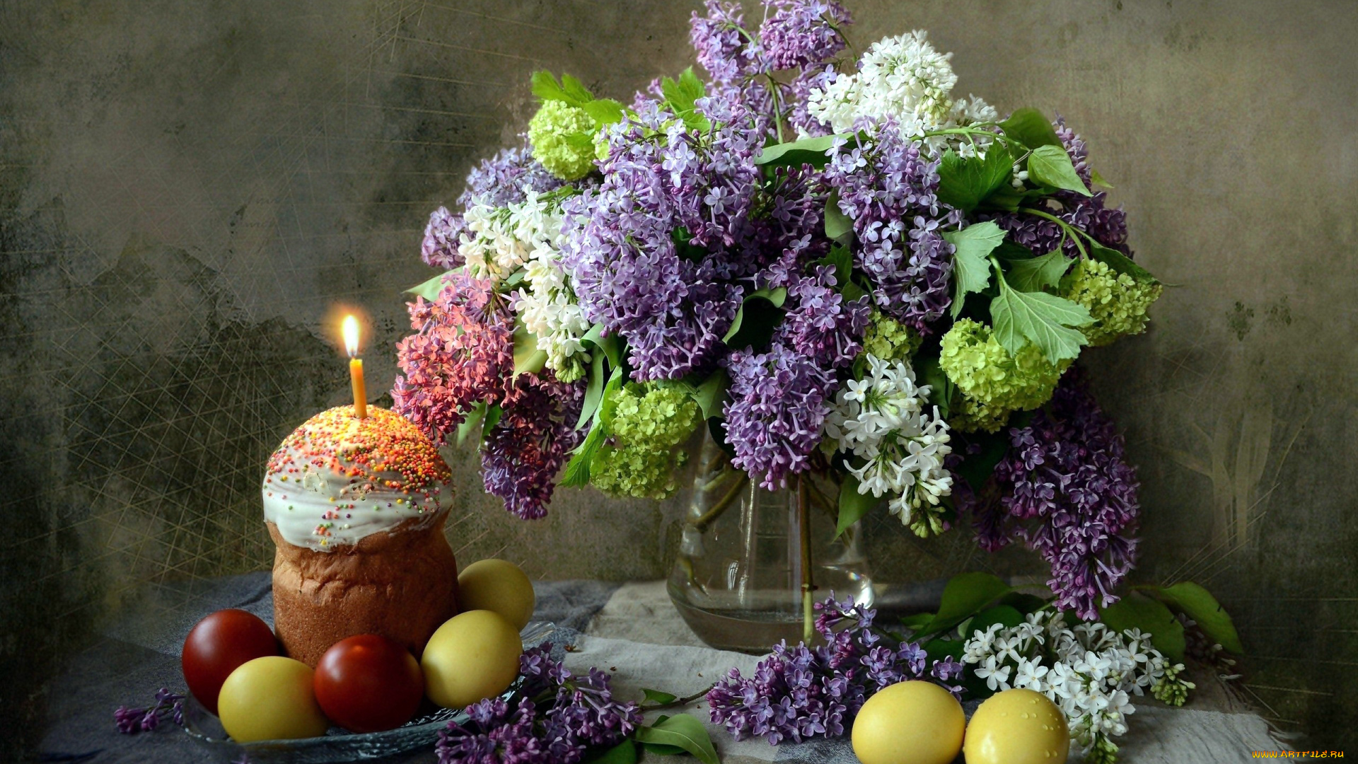 праздничные, пасха, свеча, кулич, крашенки, сирень