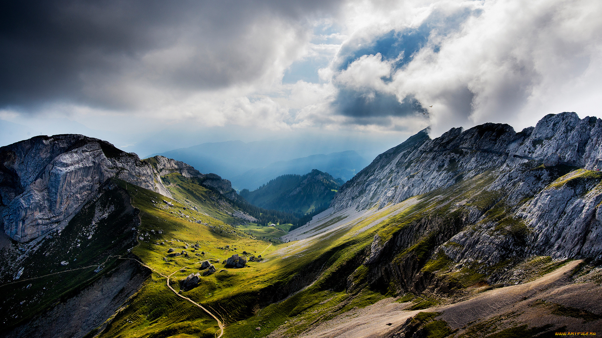 природа, горы, дорога, тучи, зелень