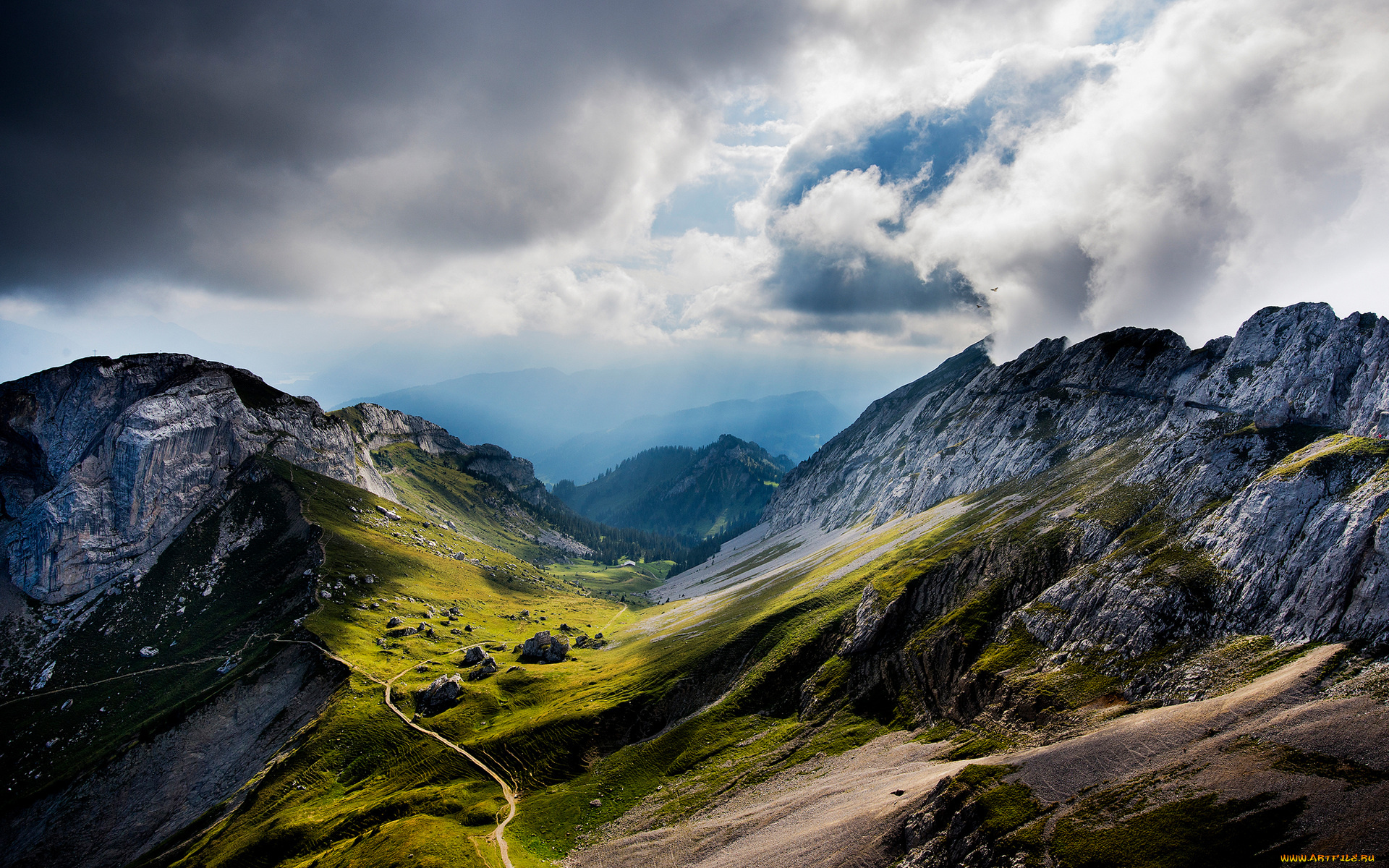 природа, горы, дорога, тучи, зелень