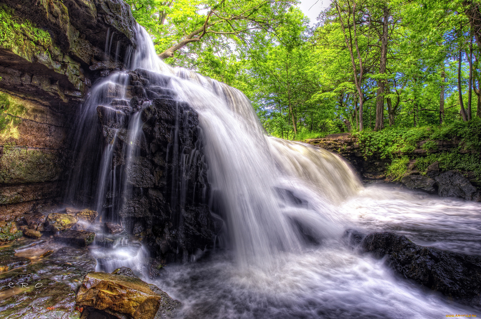 природа, водопады, река, лес, водопад