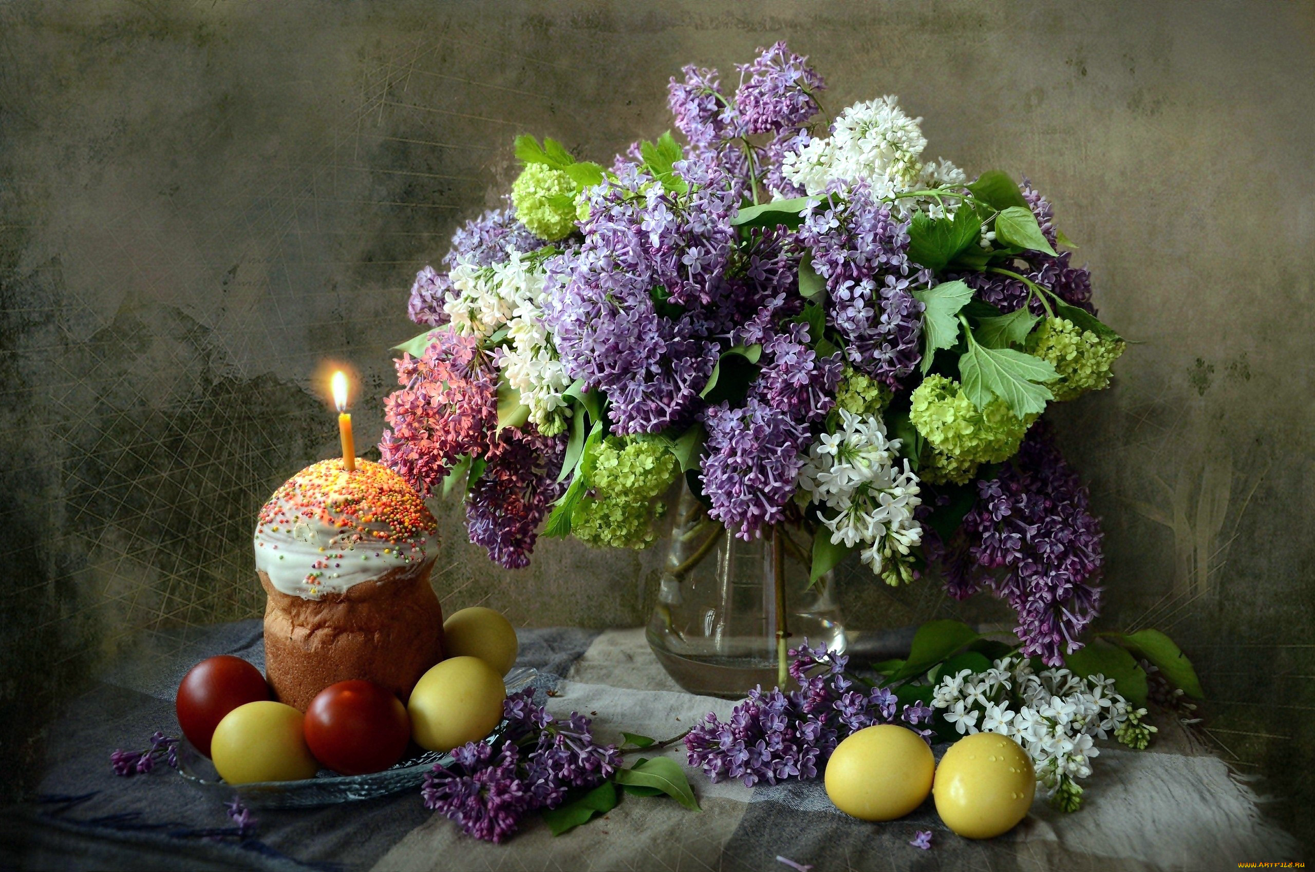 праздничные, пасха, свеча, кулич, крашенки, сирень