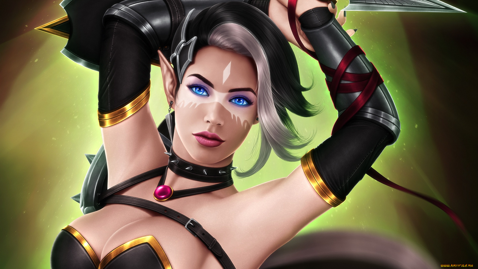 фэнтези, эльфы, девушка, арт, грудь, фантастика, эльф, кинжал, adalia