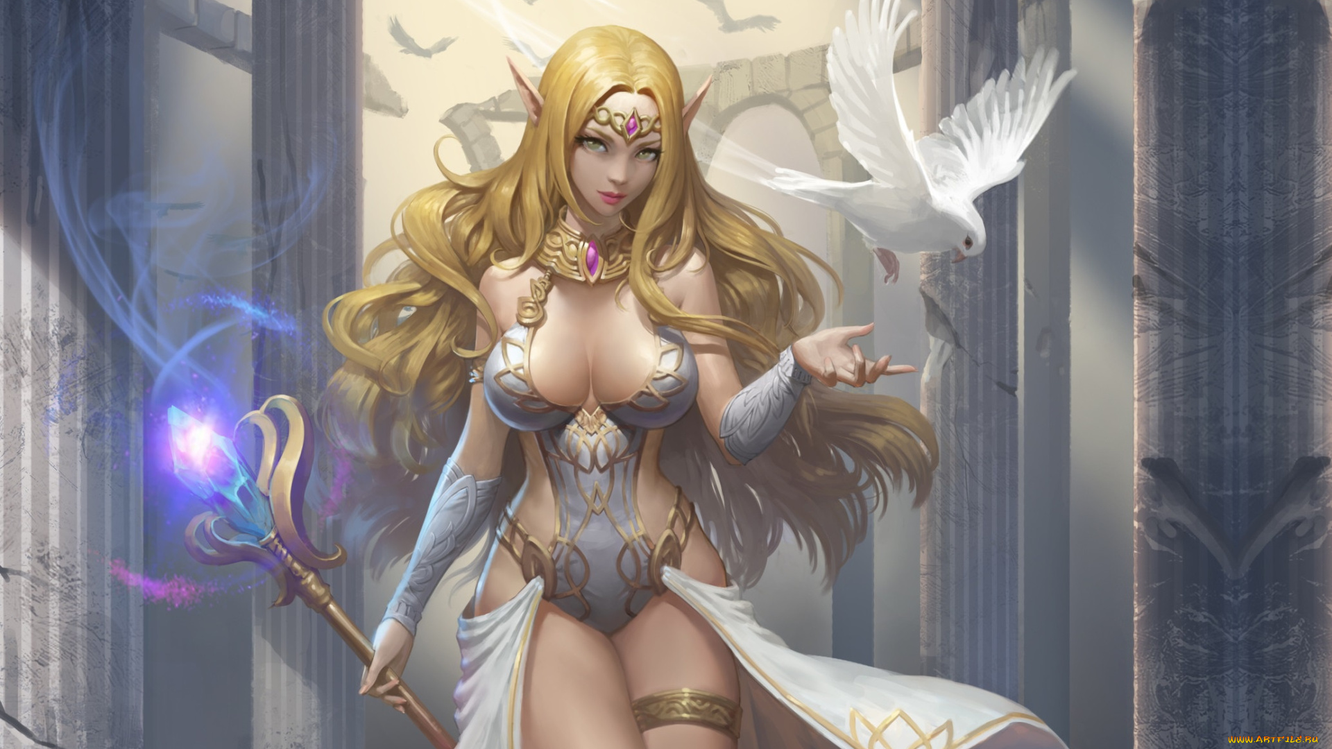 фэнтези, эльфы, healer, арт, fantasy, эльф, эльфийка, девушка, голубь, bumjin, kim