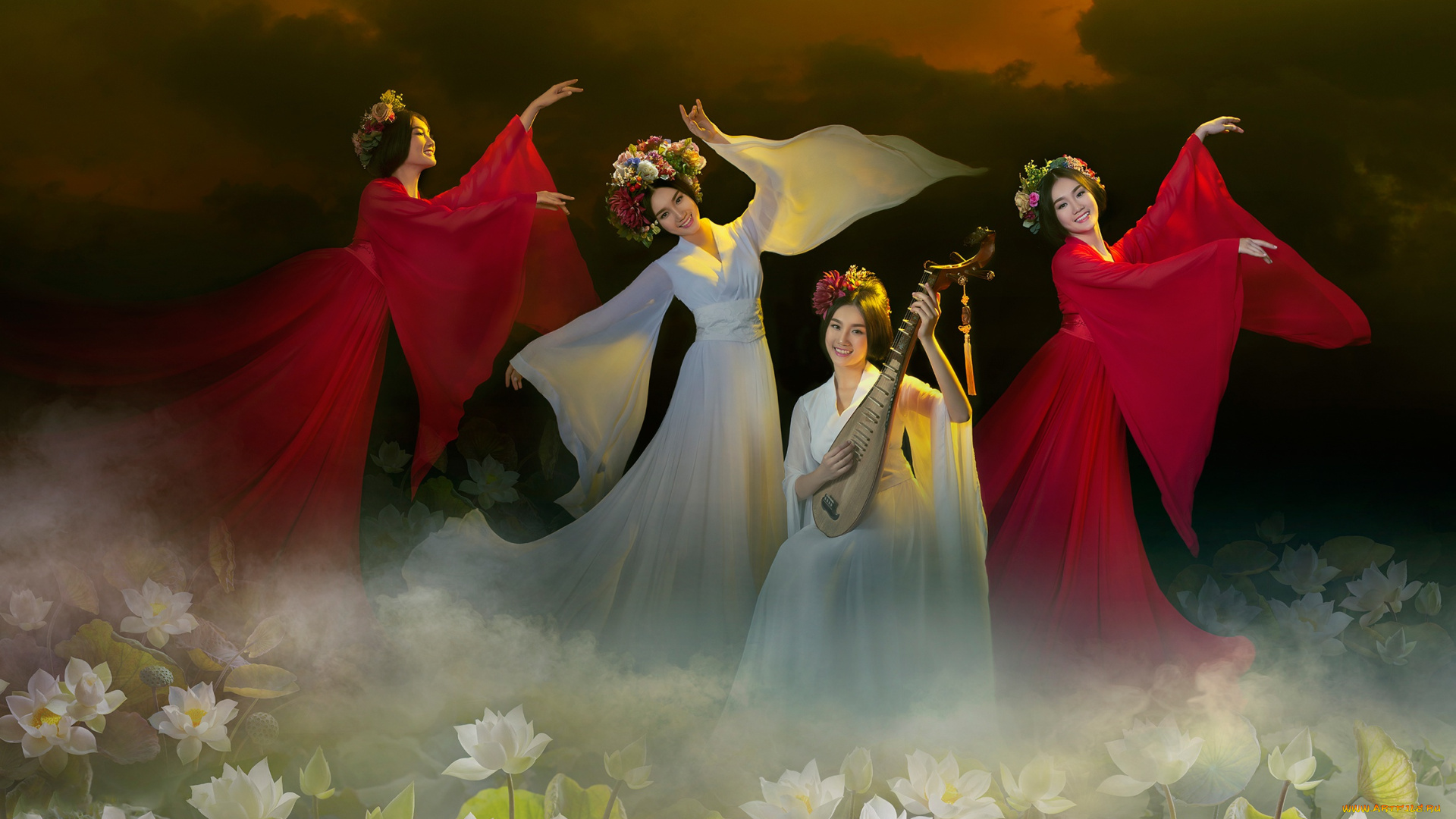 музыка, -другое, азиатский, лотосы, лютня, фон, природа, азиатка, танцуют, квартет, туман, красавицы, позы, платье, руки, танцы, венок, нимфы, девушки