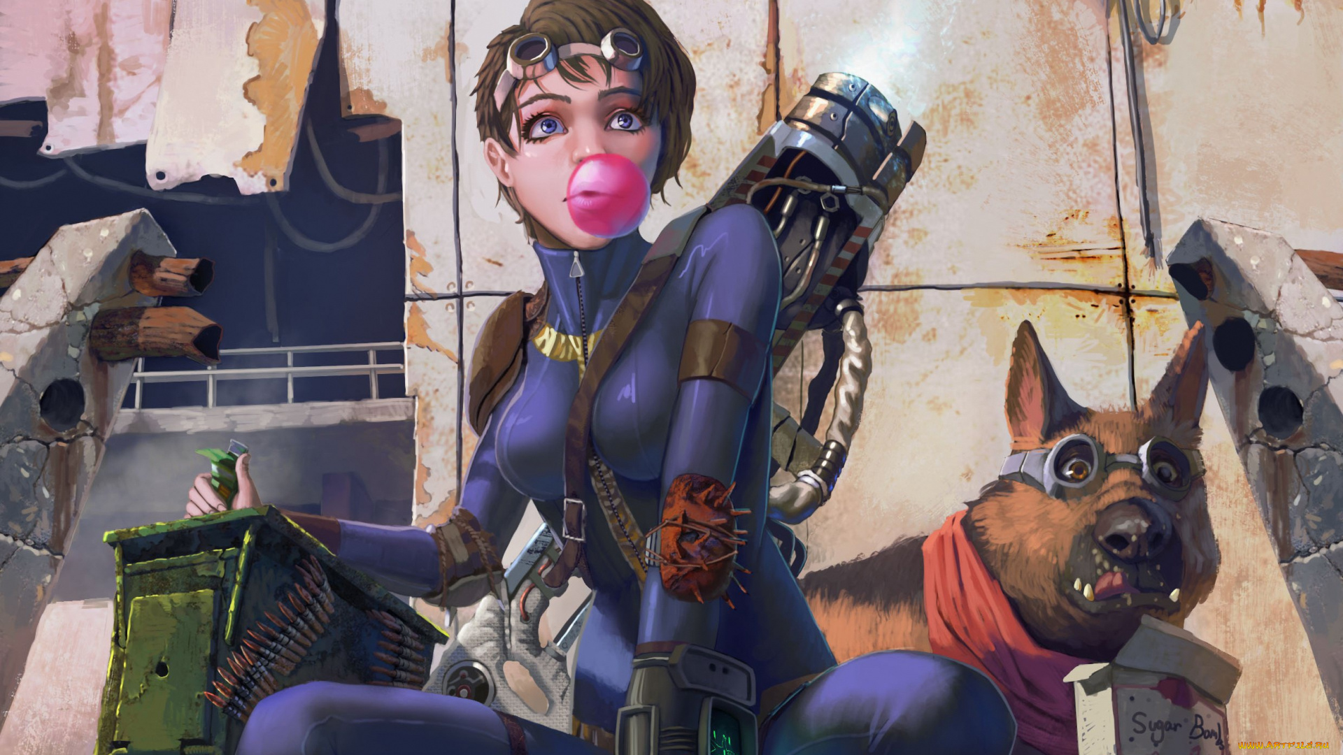 видео, игры, fallout, 4, оружие, собака, патроны, постапокалипсис, арт, девушка, fallout, 4
