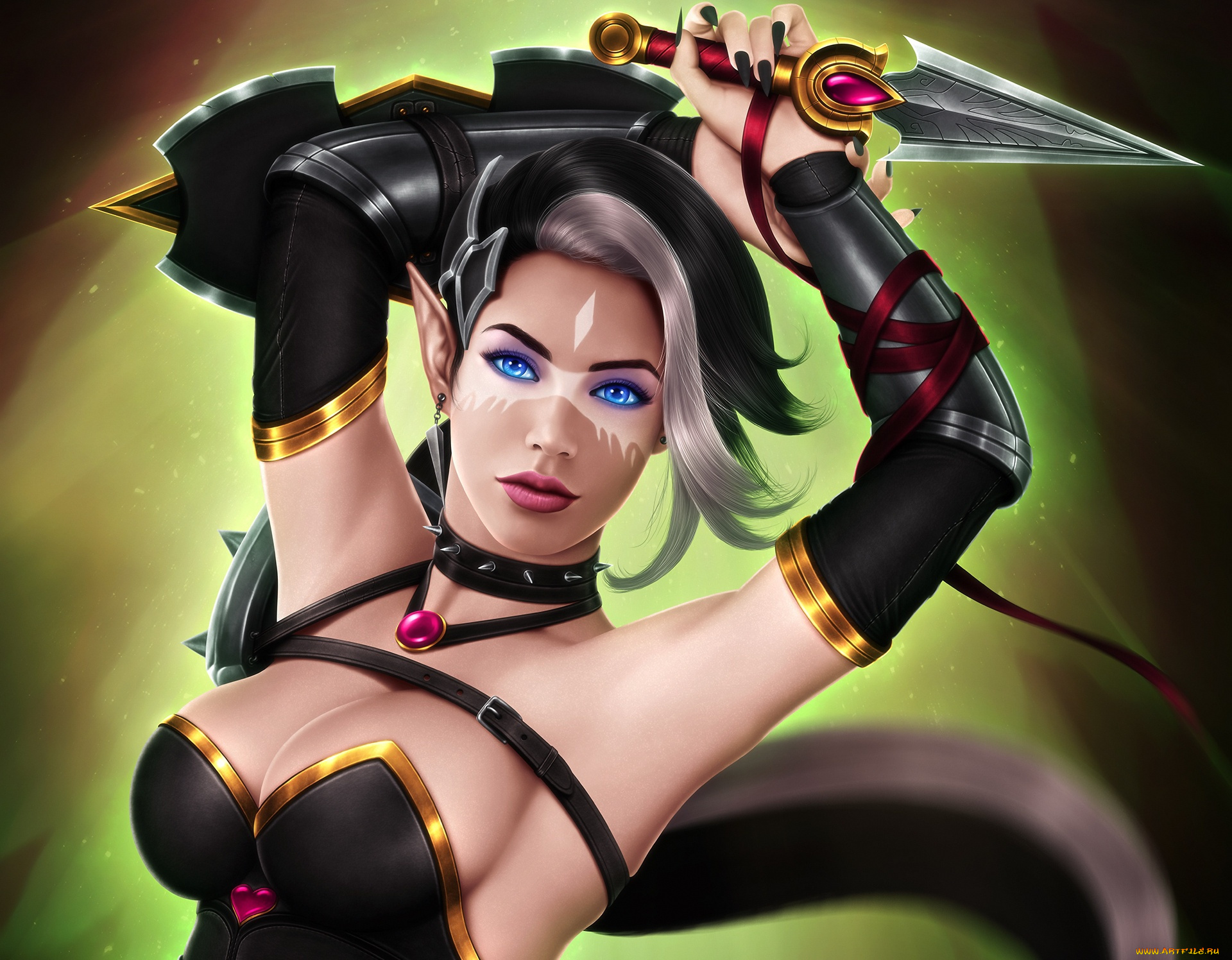 фэнтези, эльфы, девушка, арт, грудь, фантастика, эльф, кинжал, adalia