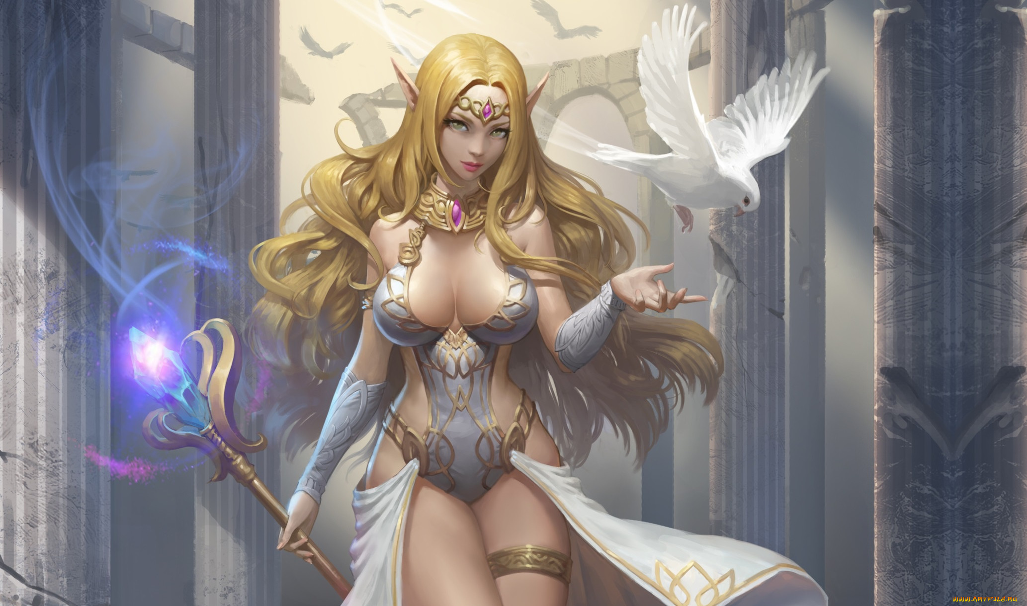 фэнтези, эльфы, healer, арт, fantasy, эльф, эльфийка, девушка, голубь, bumjin, kim